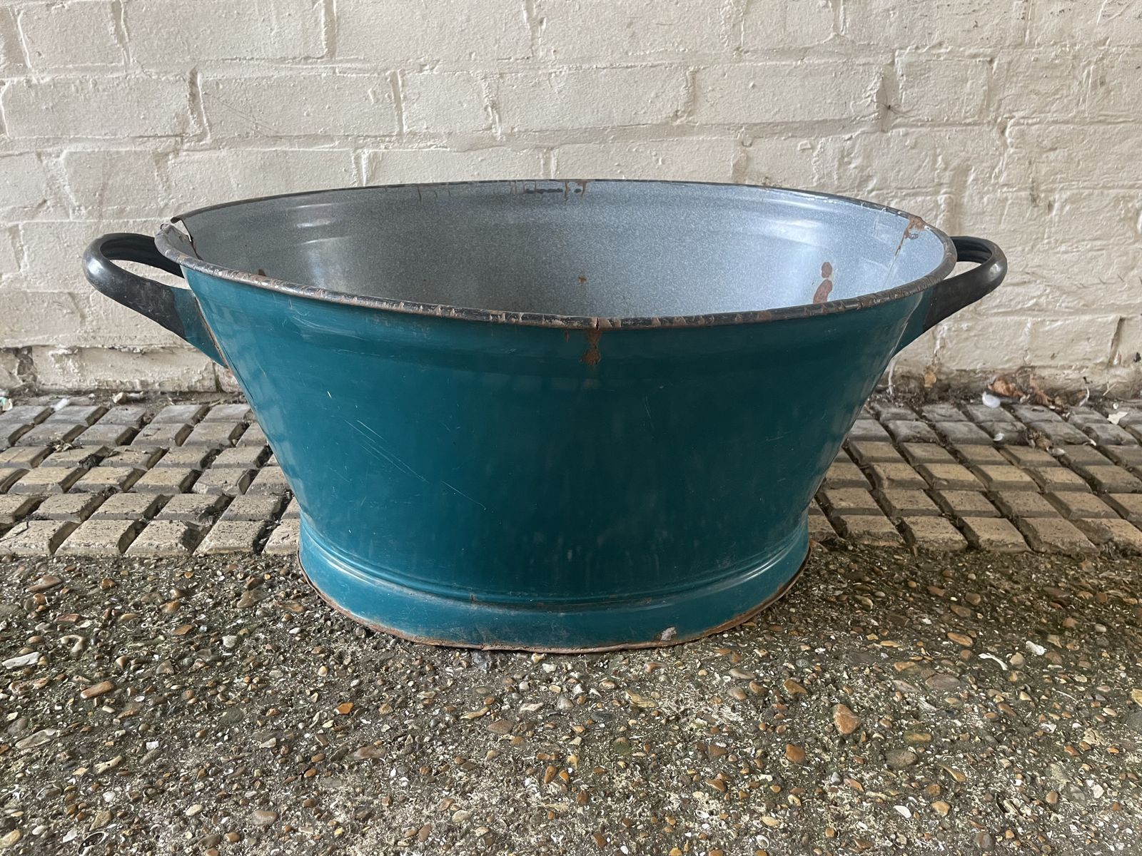 Vintage French Unusual Sea Green Enamel Oval Bath