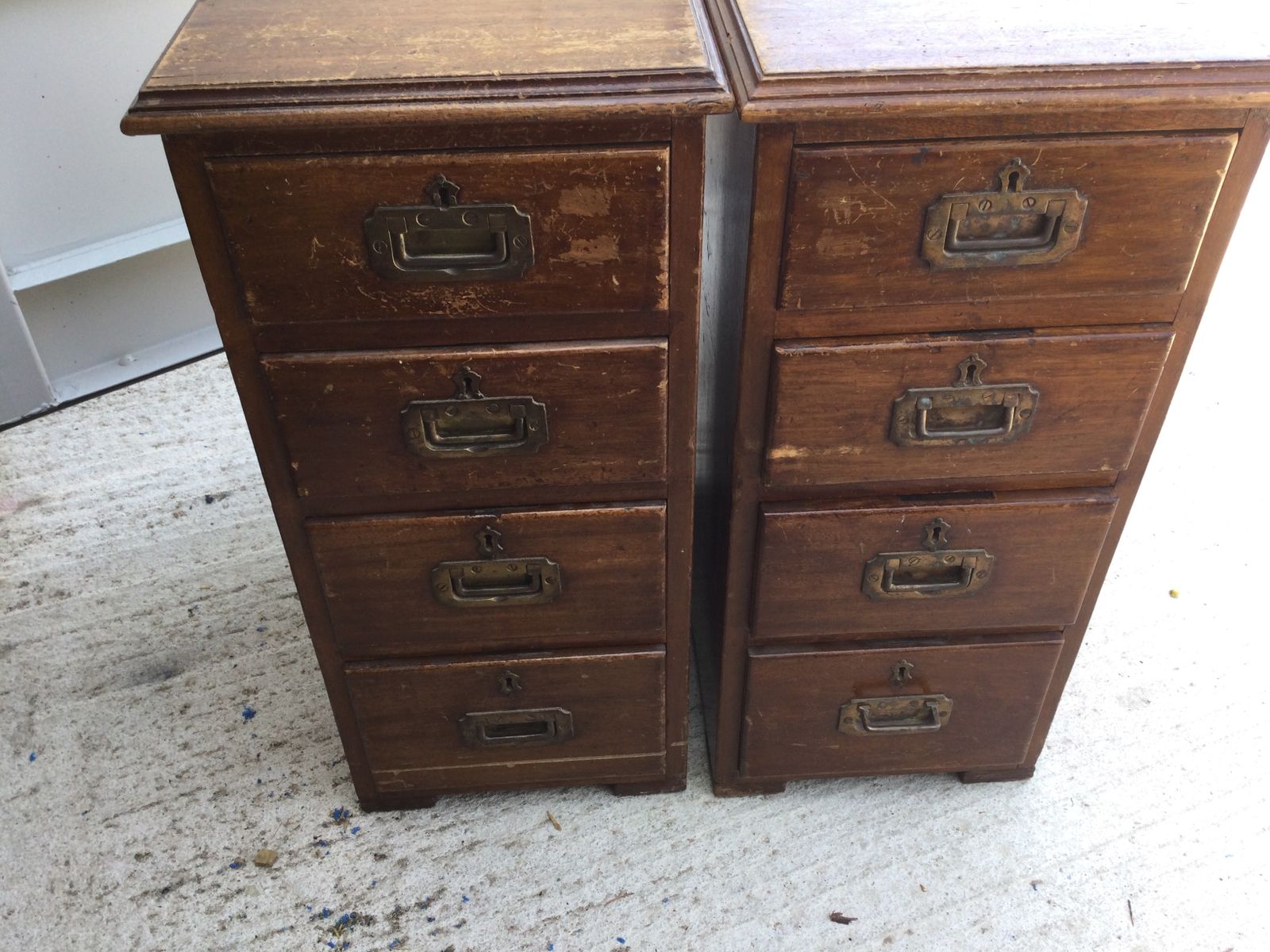 Matching Pair Of Antique Mahogany Filing Drawers With Brass Handle– Perfect For Stylish Home Office, Retail, Or Studio Display."
