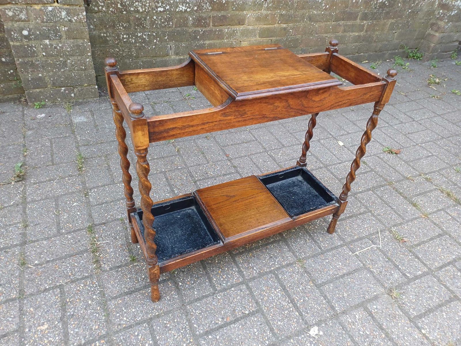 Vintage Oak Barley Twist Stick Stand With Drip Trays & Baize Lined Hinged Compartment, Early 20thc Umbrella Hall Stand photo furniture