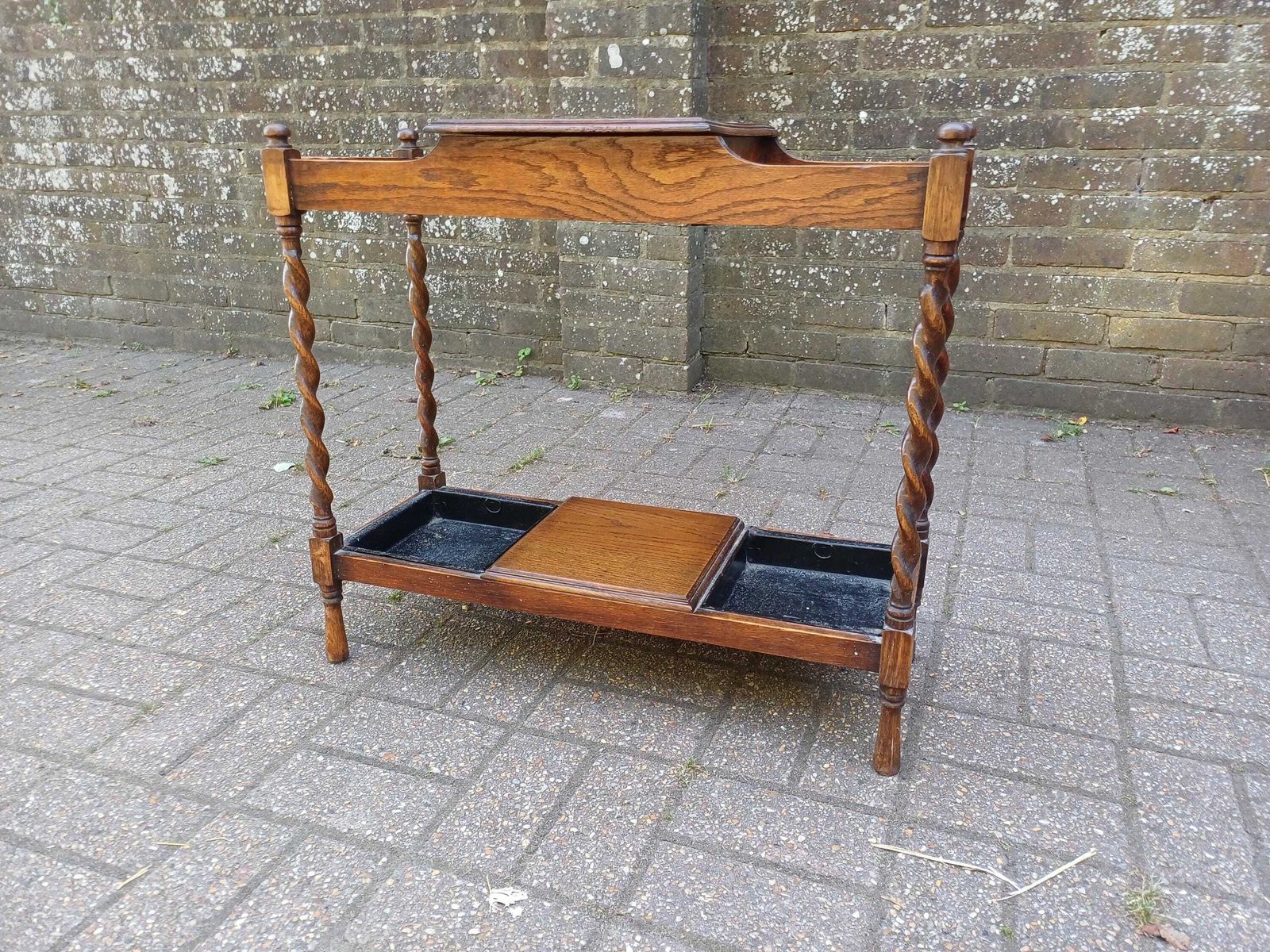 Vintage Oak Barley Twist Stick Stand With Drip Trays & Baize Lined Hinged Compartment, Early 20thc Umbrella Hall Stand photo 395.0