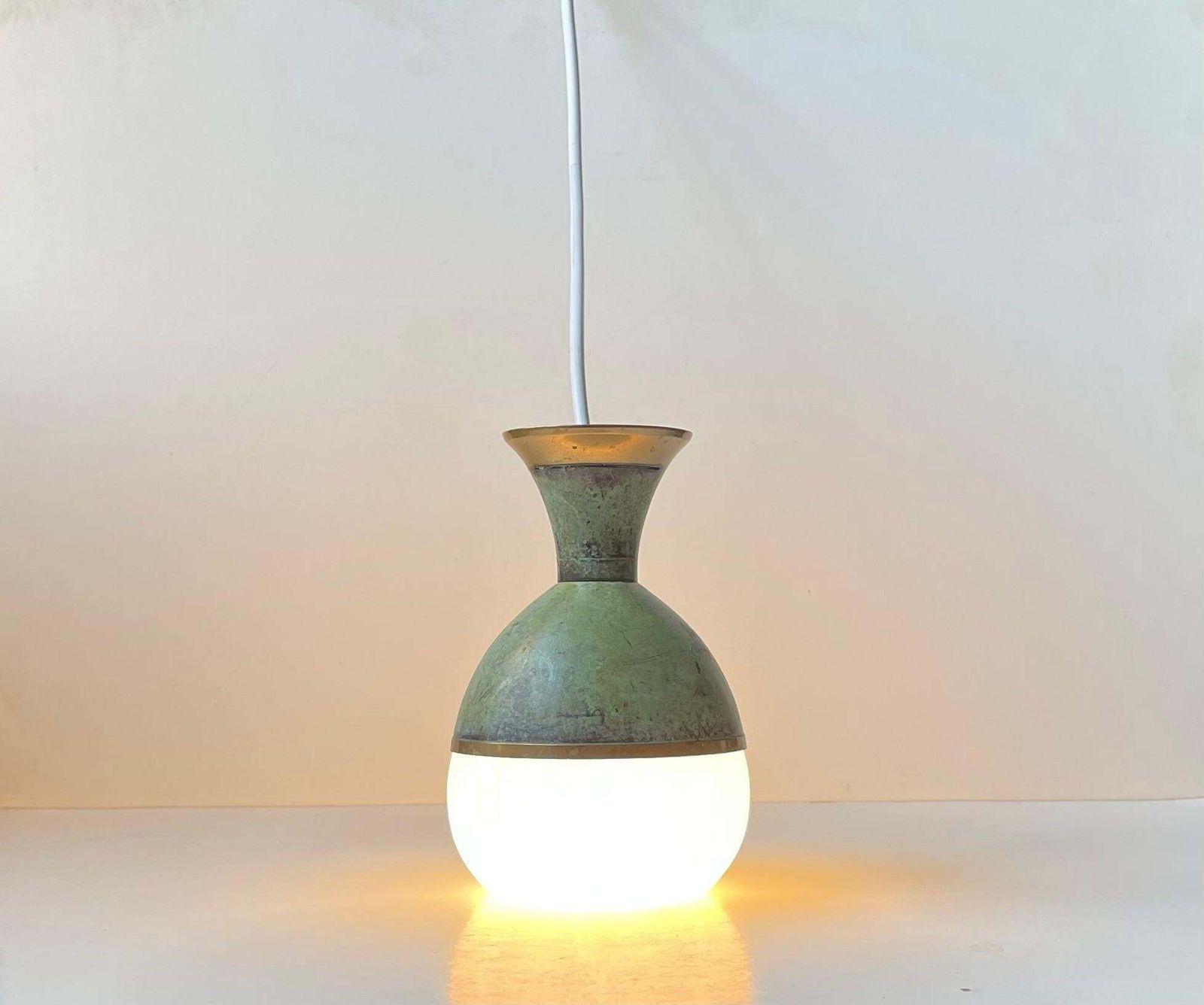 Art Deco Revival Pendant Lamp In Green Verdigris Bronze & White Glass photo furniture