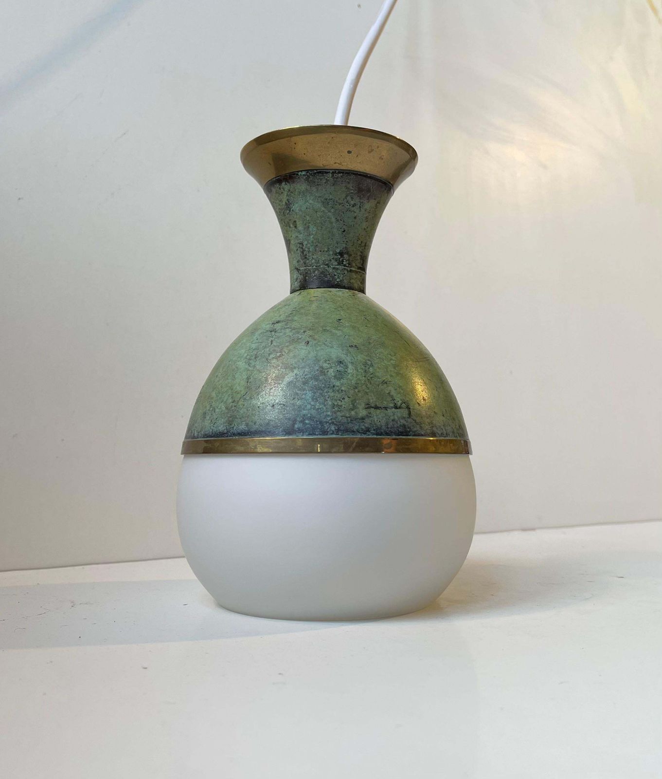 Art Deco Revival Pendant Lamp In Green Verdigris Bronze & White Glass photo buy