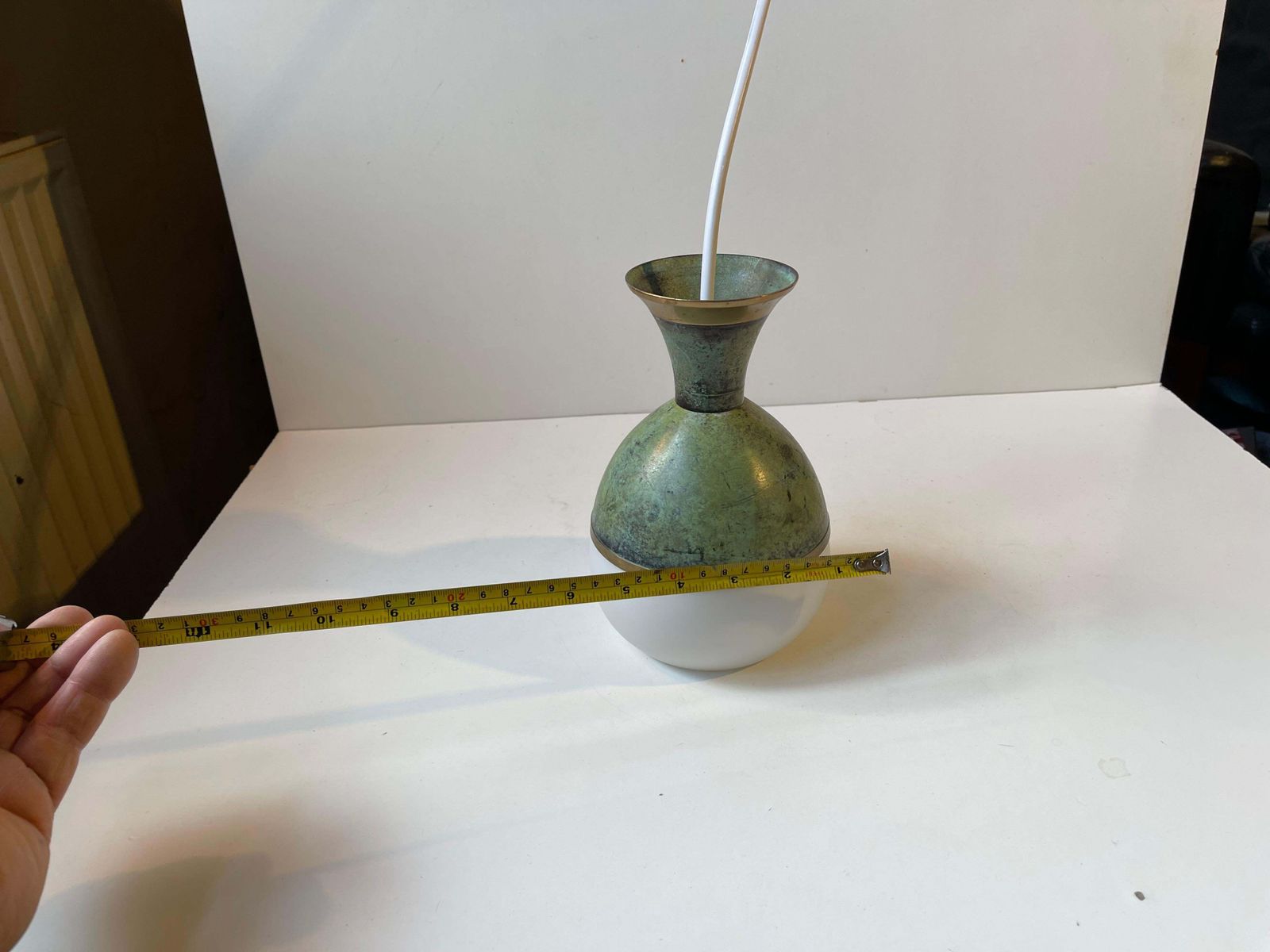 Lighting Art Deco Revival Pendant Lamp In Green Verdigris Bronze & White Glass photo