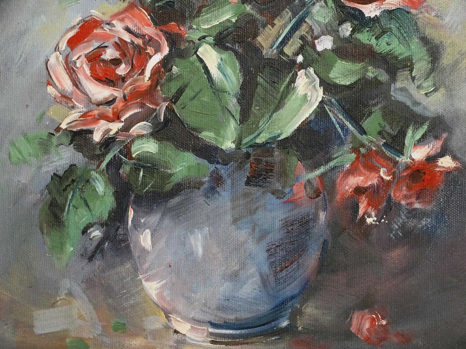 Red Roses Oil Painting: Impressionist Floral Still Life In Blue Vase, Framed photo vinterior