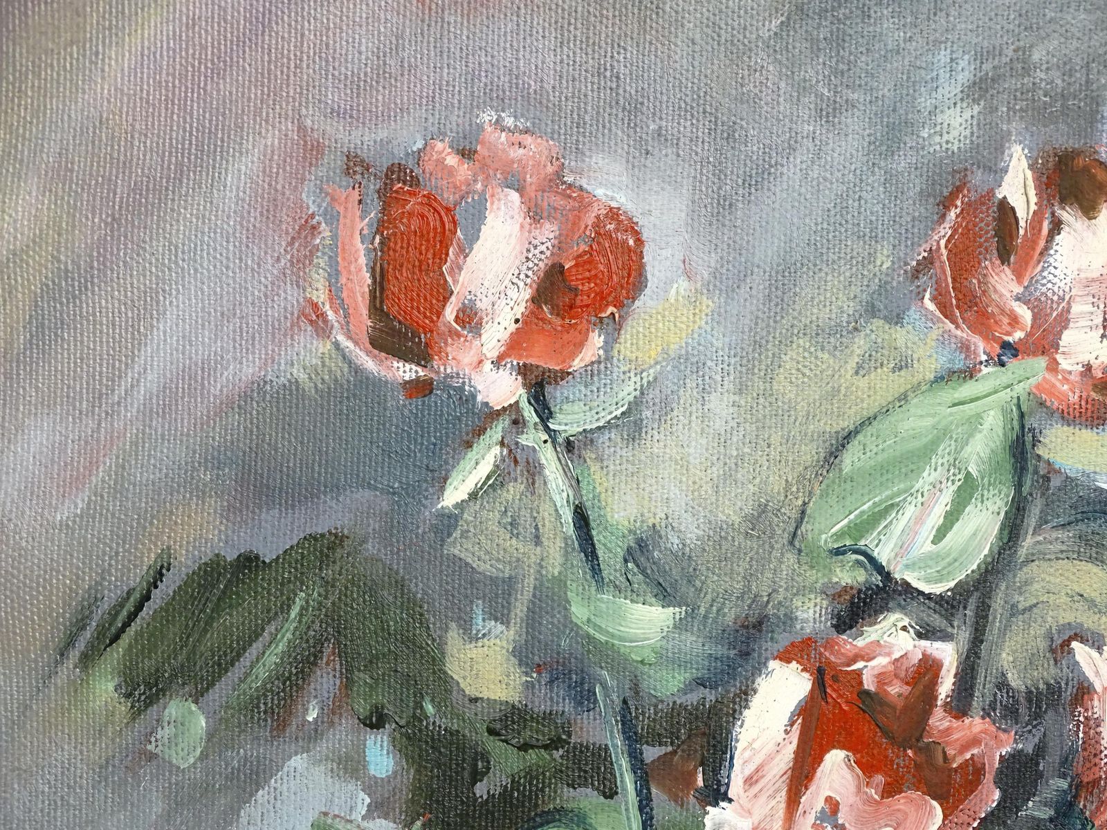 Red Roses Oil Painting: Impressionist Floral Still Life In Blue Vase, Framed photo vintage