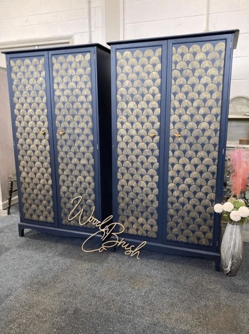 Pair Of Stag Minstrel Wardrobes Gold Art Deco Navy Blue