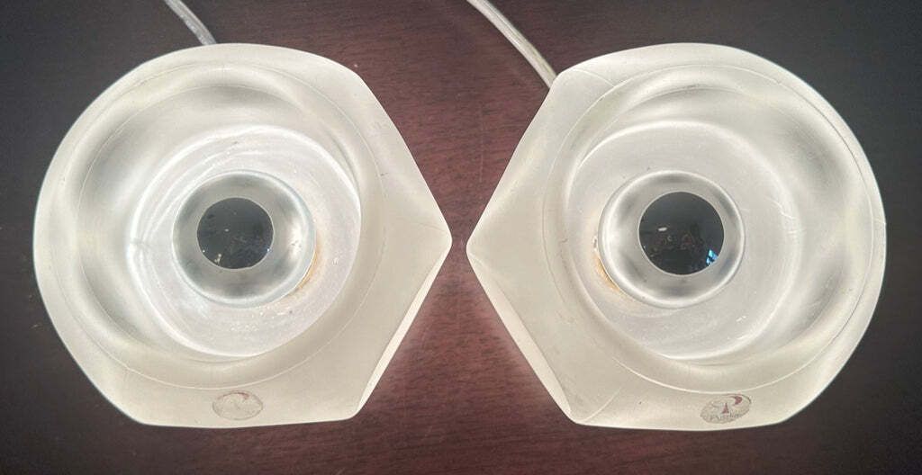Pair Of 1970s German Peill & Putzler Frosted Circular Concave Glass Table Lamps photo buy