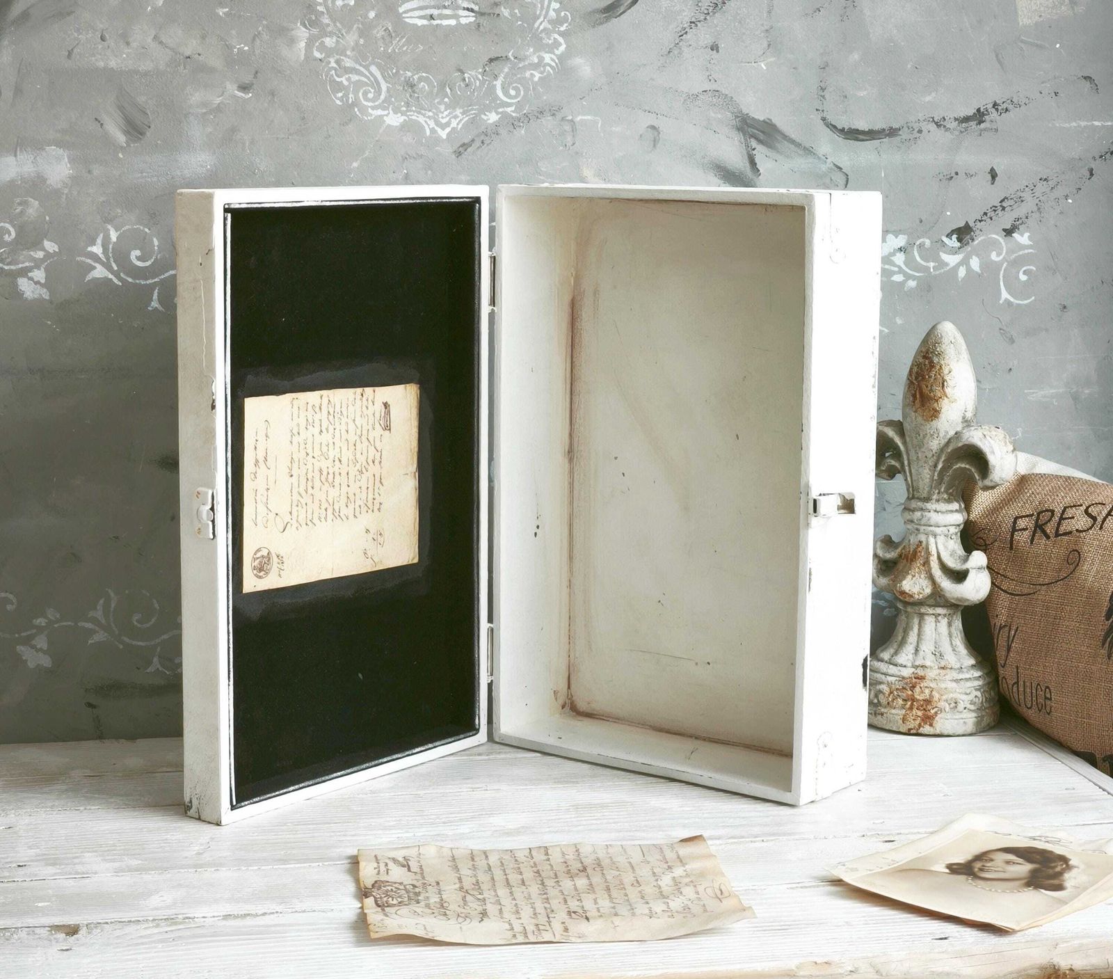 White Wood Box With Cameo Clay Ornaments photo buy