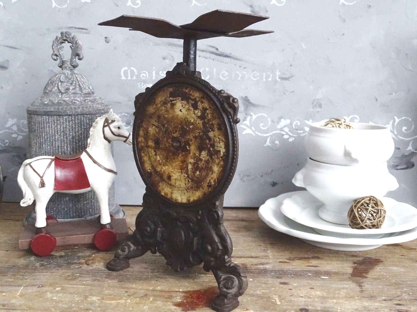 photo furniture Antique German Cast Iron Kitchen Scale: Ornate Farmhouse Decor