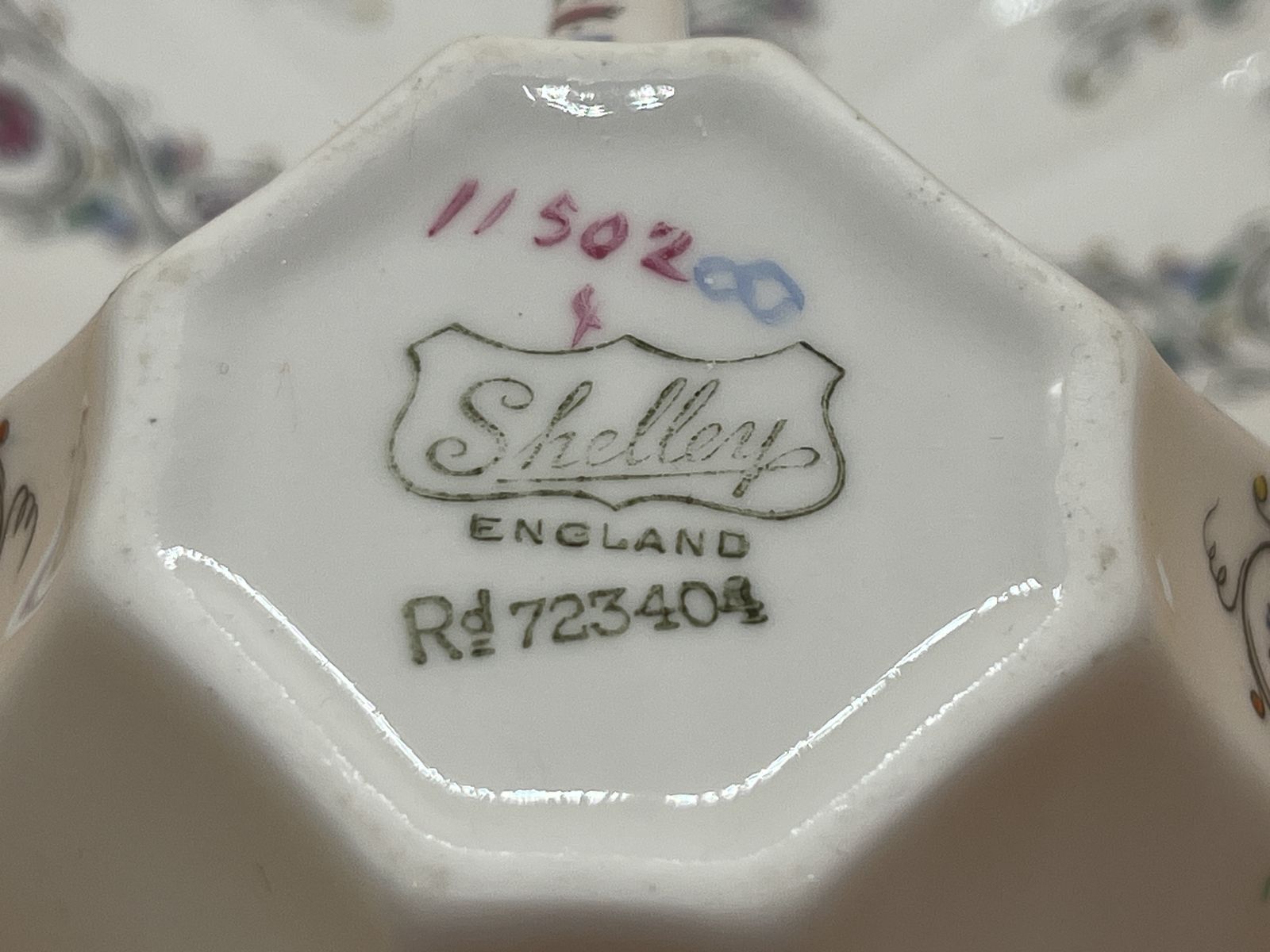 Vintage Shelley China Pink Scroll Pink Trim Design Queen Anne Shape Cup, Saucer & Side Plate Trio. 11502. Rd. 723404. photo vintage