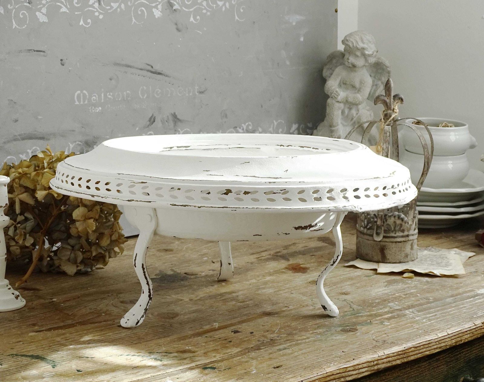 Distressed White Metal Pedestal Planter: Vintage Footed Jardiniere photo for sale