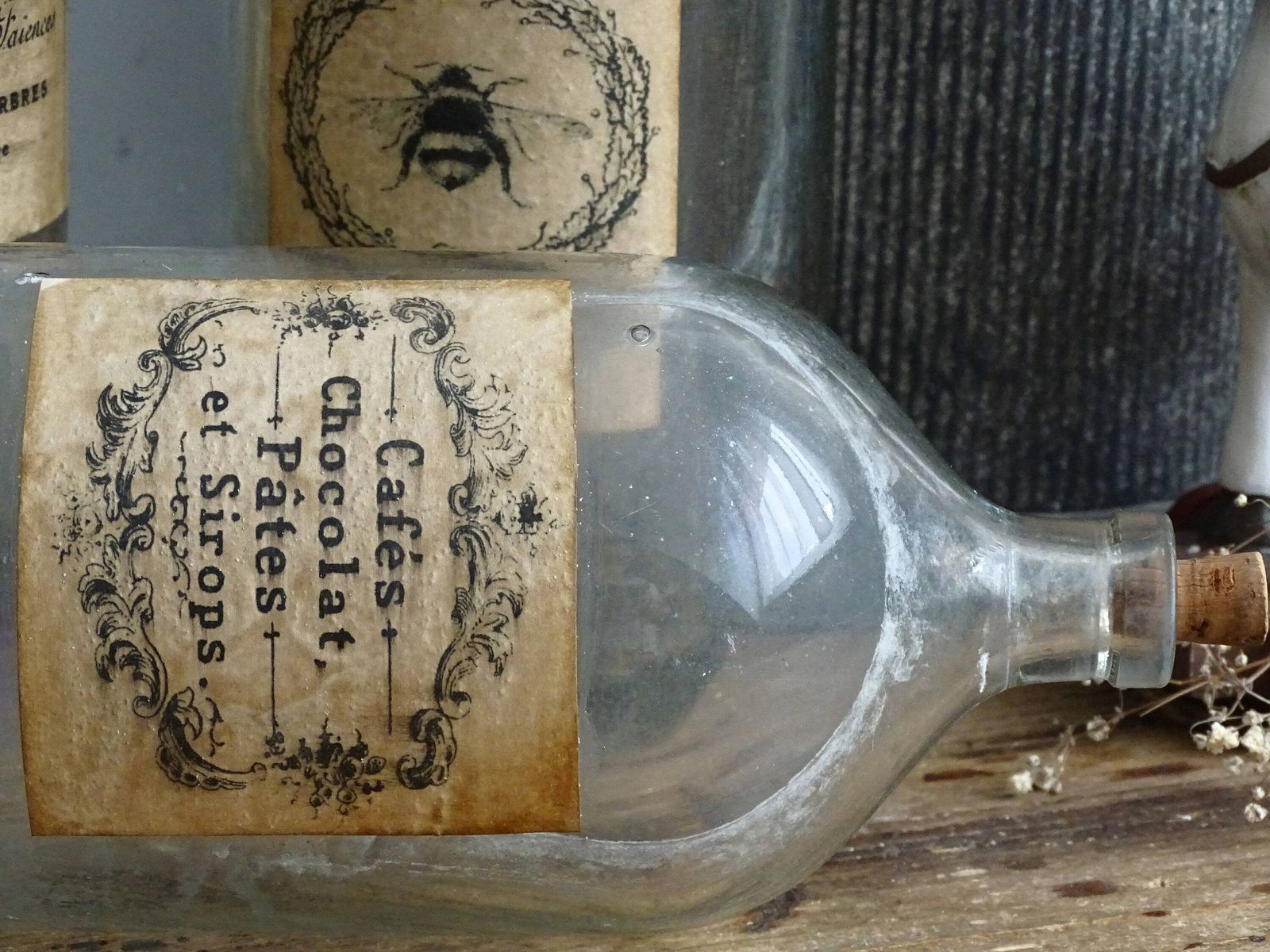Antique French Apothecary Bottle: Large Clear Glass Jar With Cork Stopper photo for sale