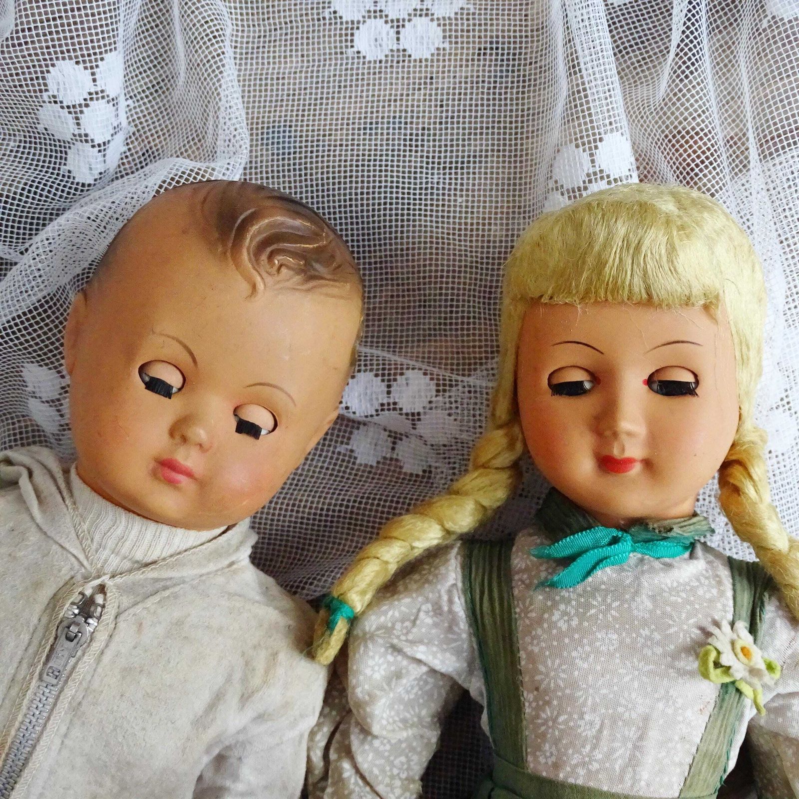 Set Antique French Composition Dolls Girl Boy, Doll Sleeping Eyes, Pair Jointed Dolls, Blonde Long Hair Doll, Vintage Collectible Art Dolls photo furniture