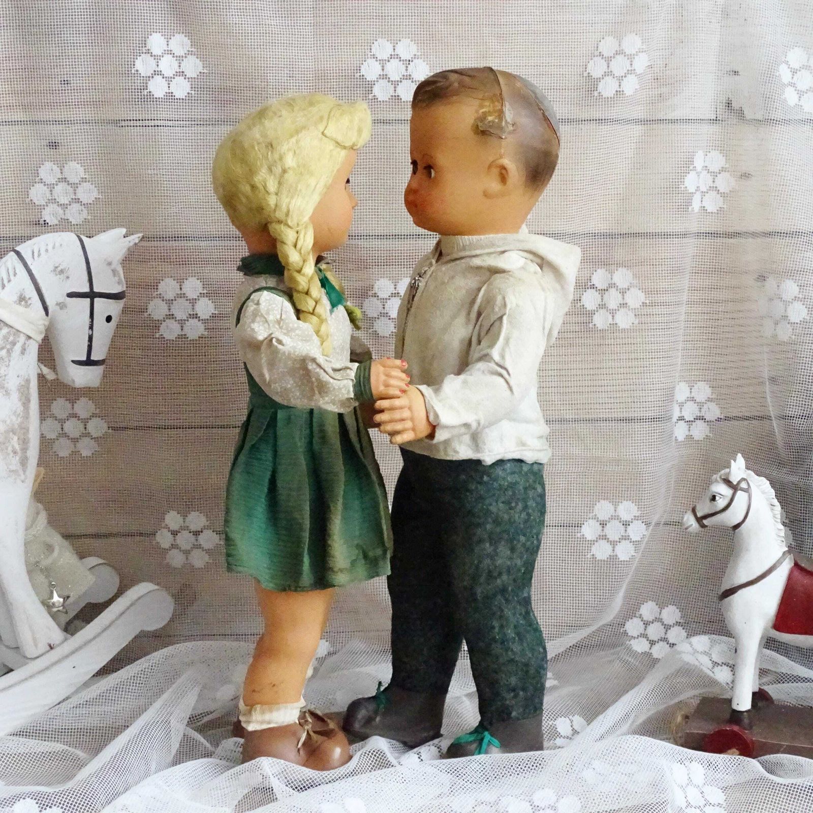 Set Antique French Composition Dolls Girl Boy, Doll Sleeping Eyes, Pair Jointed Dolls, Blonde Long Hair Doll, Vintage Collectible Art Dolls photo for sale