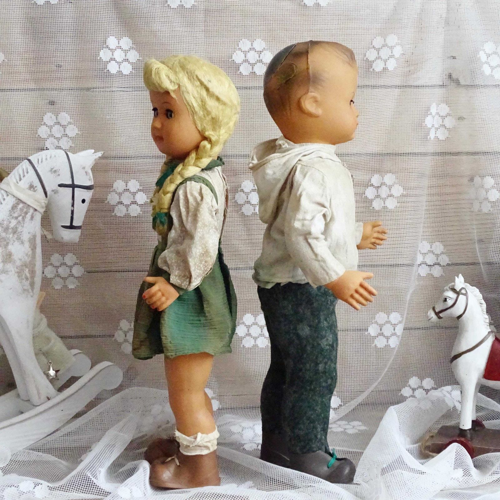 Set Antique French Composition Dolls Girl Boy, Doll Sleeping Eyes, Pair Jointed Dolls, Blonde Long Hair Doll, Vintage Collectible Art Dolls photo vintage
