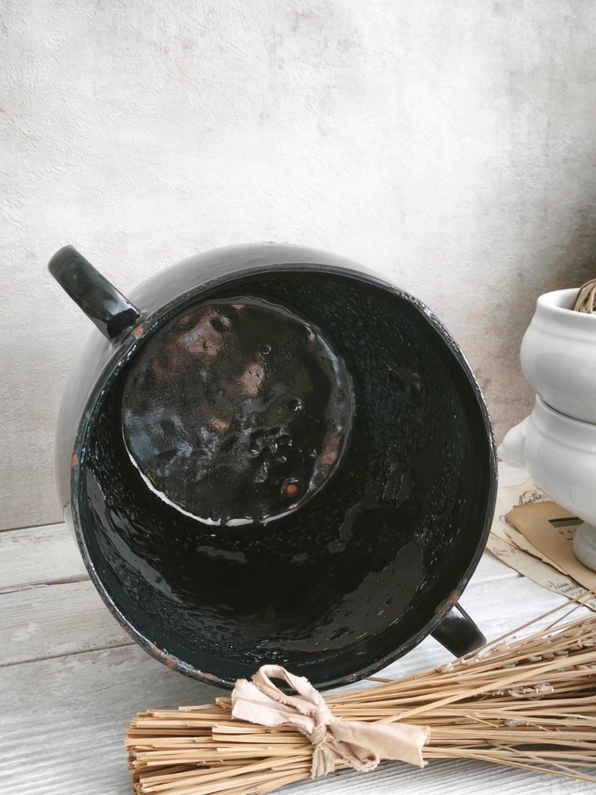 Antique Enameled Cast Iron Pot: Farmhouse Kitchen Decor, Metal Planter photo buy