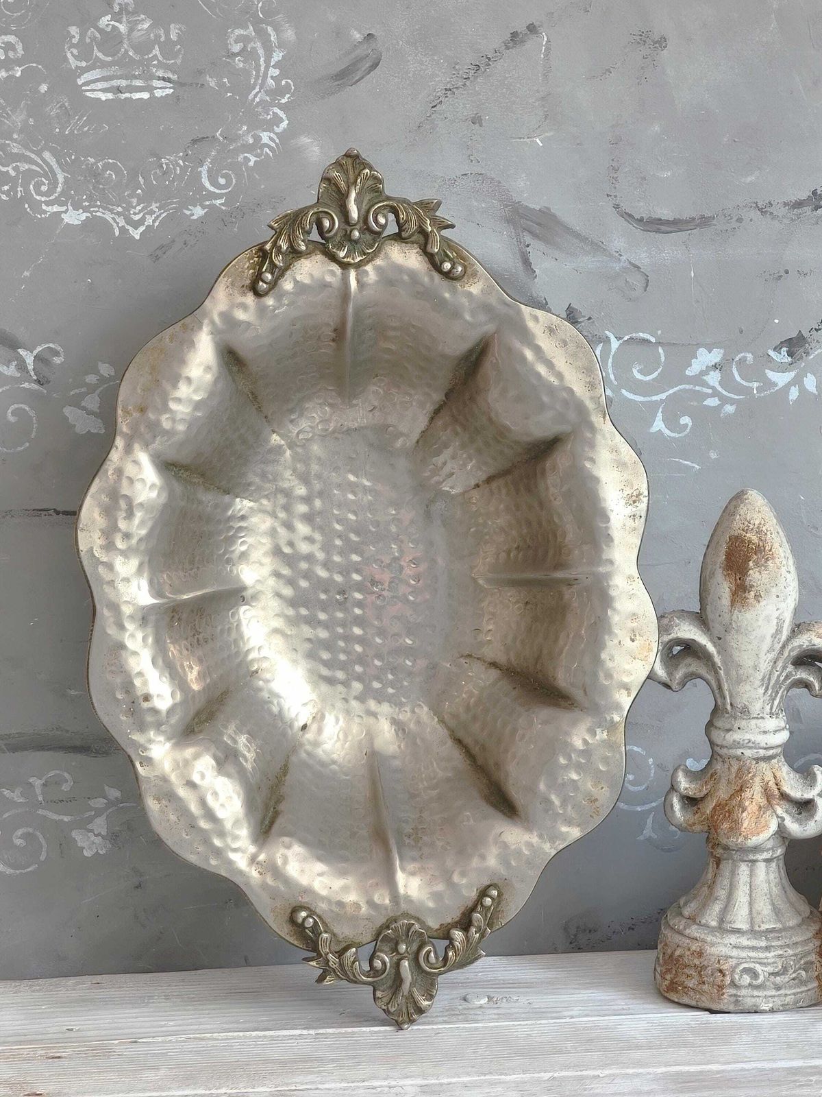 Large Hammered Pewter Footed Dish, Bowl, Vintage Italian Metal Tureen, Ornate Jardiniere photo furniture