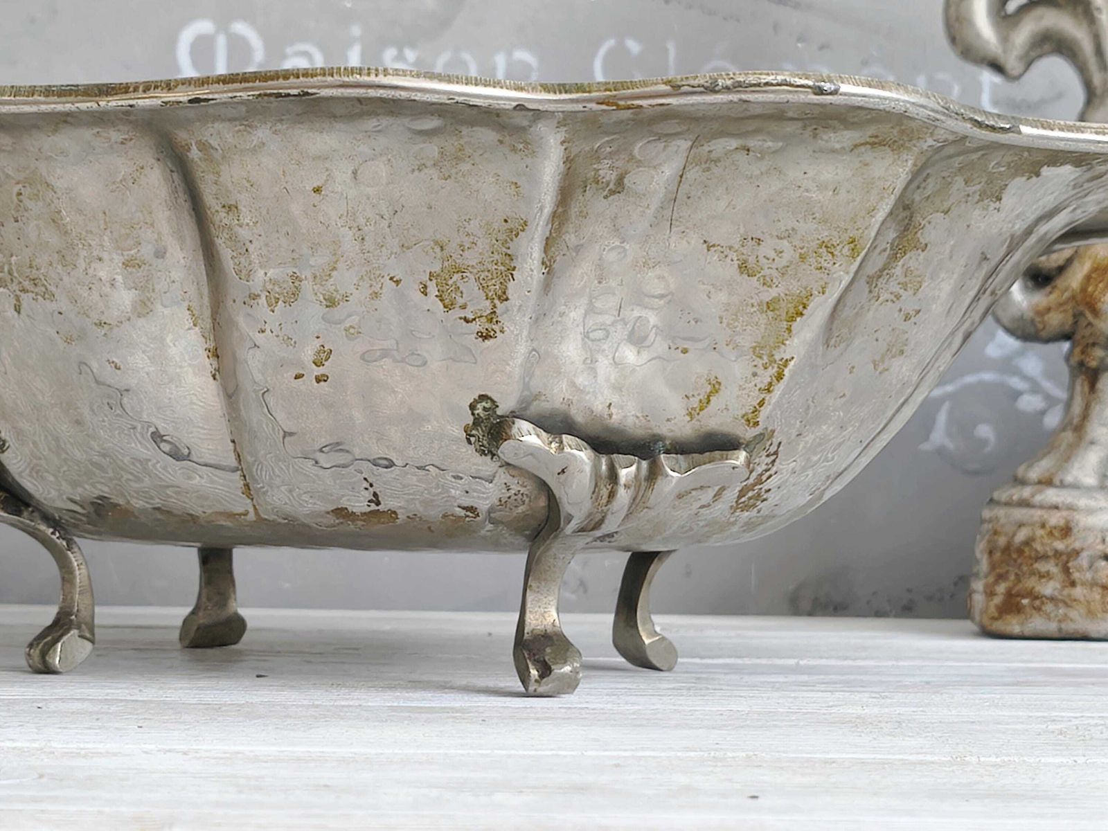 Large Hammered Pewter Footed Dish, Bowl, Vintage Italian Metal Tureen, Ornate Jardiniere photo vintage