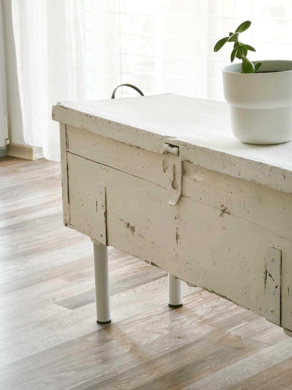 Antique White Wood Storage Bench: Shabby Chic Farmhouse Trunk, Industrial Legs photo vintage