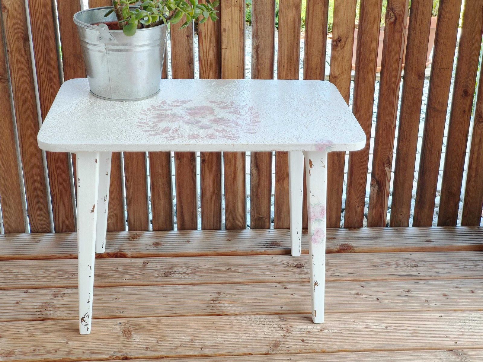 Portable Folding Wood Table Pink Flowers, White End Table, Coffee Table, Mcm Side Table, Mid Century Modern Table, Retro Wood Plant Stand photo for sale
