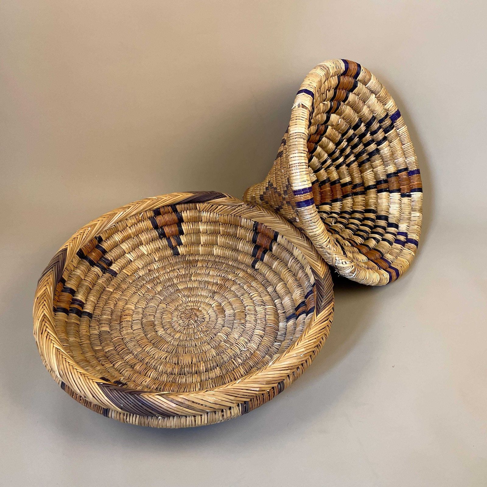 Vintage Round African Handmade Snake Charm Basket Woven Wicker Brown Antique Storage Patterned Circular Decorative Colourful Africa Lid photo for sale
