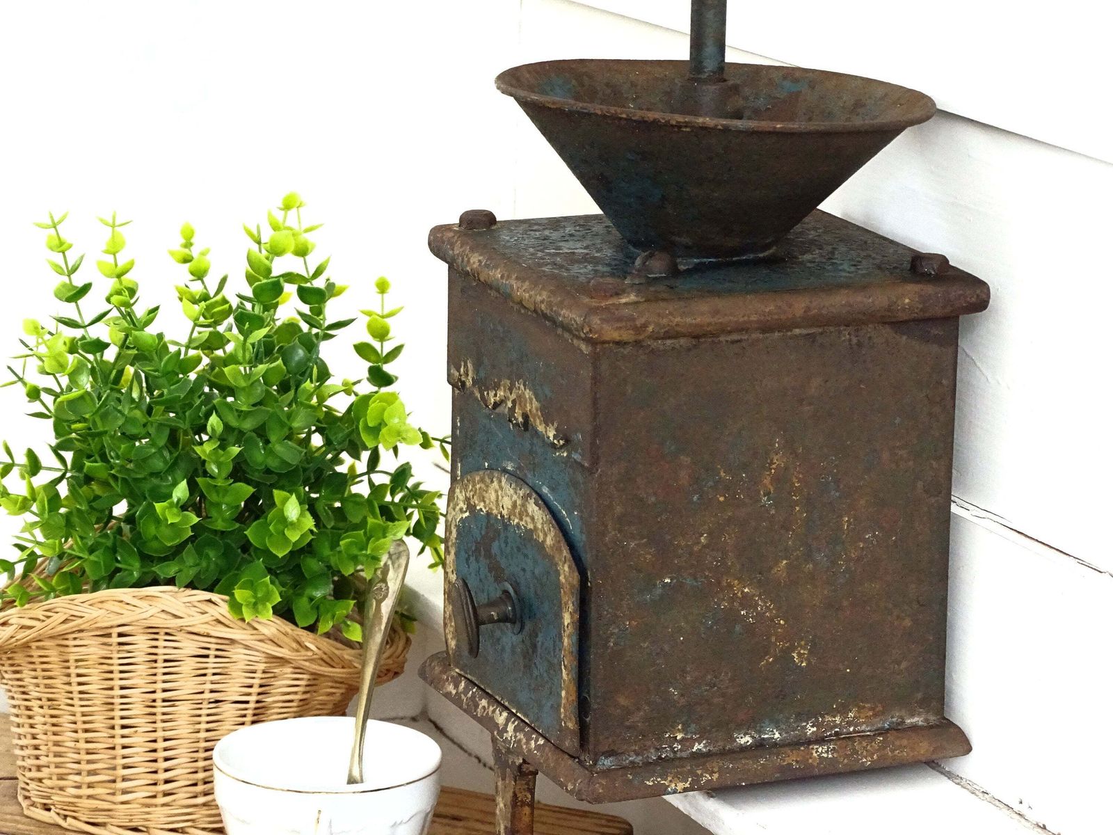 Large Antique Blue Metal Coffee Grinder: French Farmhouse Industrial Or Kitchen Decor photo 218.0