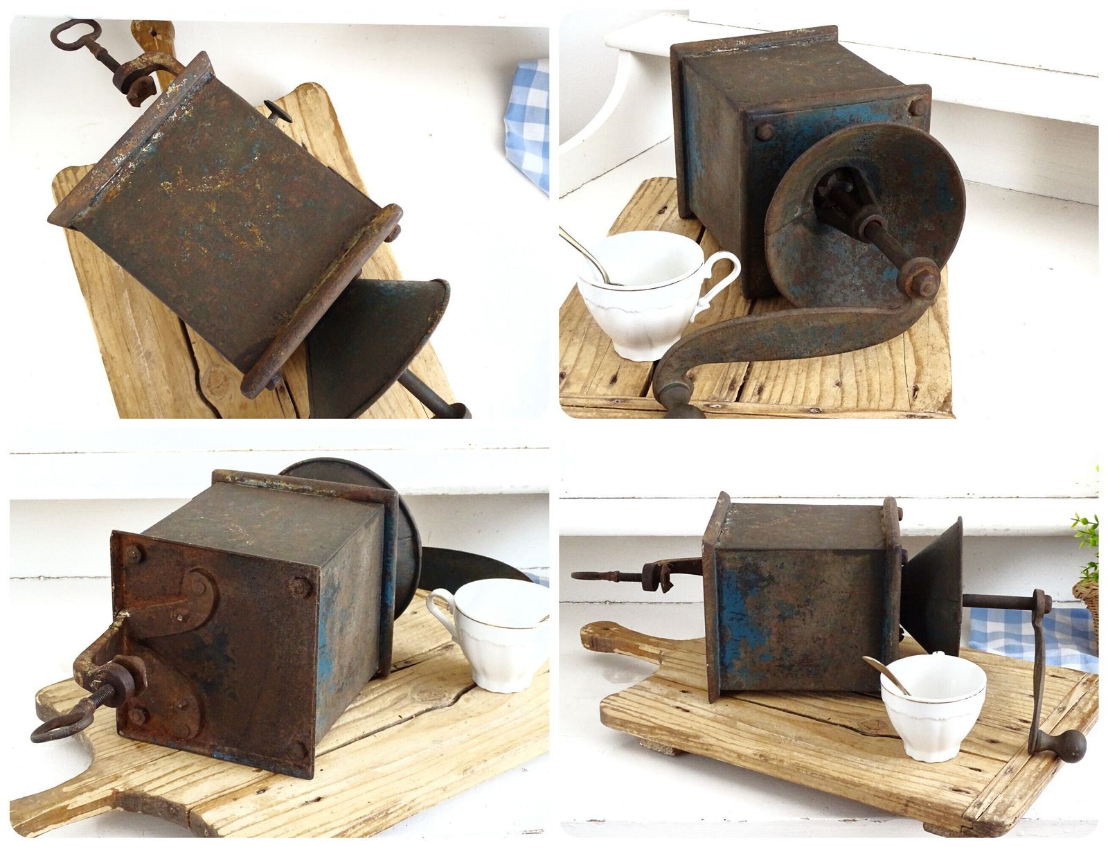 Large Antique Blue Metal Coffee Grinder: French Farmhouse Industrial Or Kitchen Decor photo buy