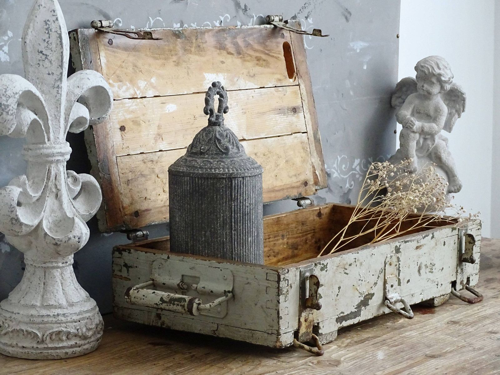 Antique Gray Wood Trunk Crate Box, Footlocker: Chippy Paint Steamer Trunk, Industrial Storage