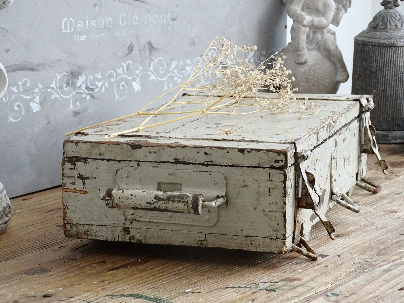 Antique Gray Wood Trunk Crate Box, Footlocker: Chippy Paint Steamer Trunk, Industrial Storage photo 120.0