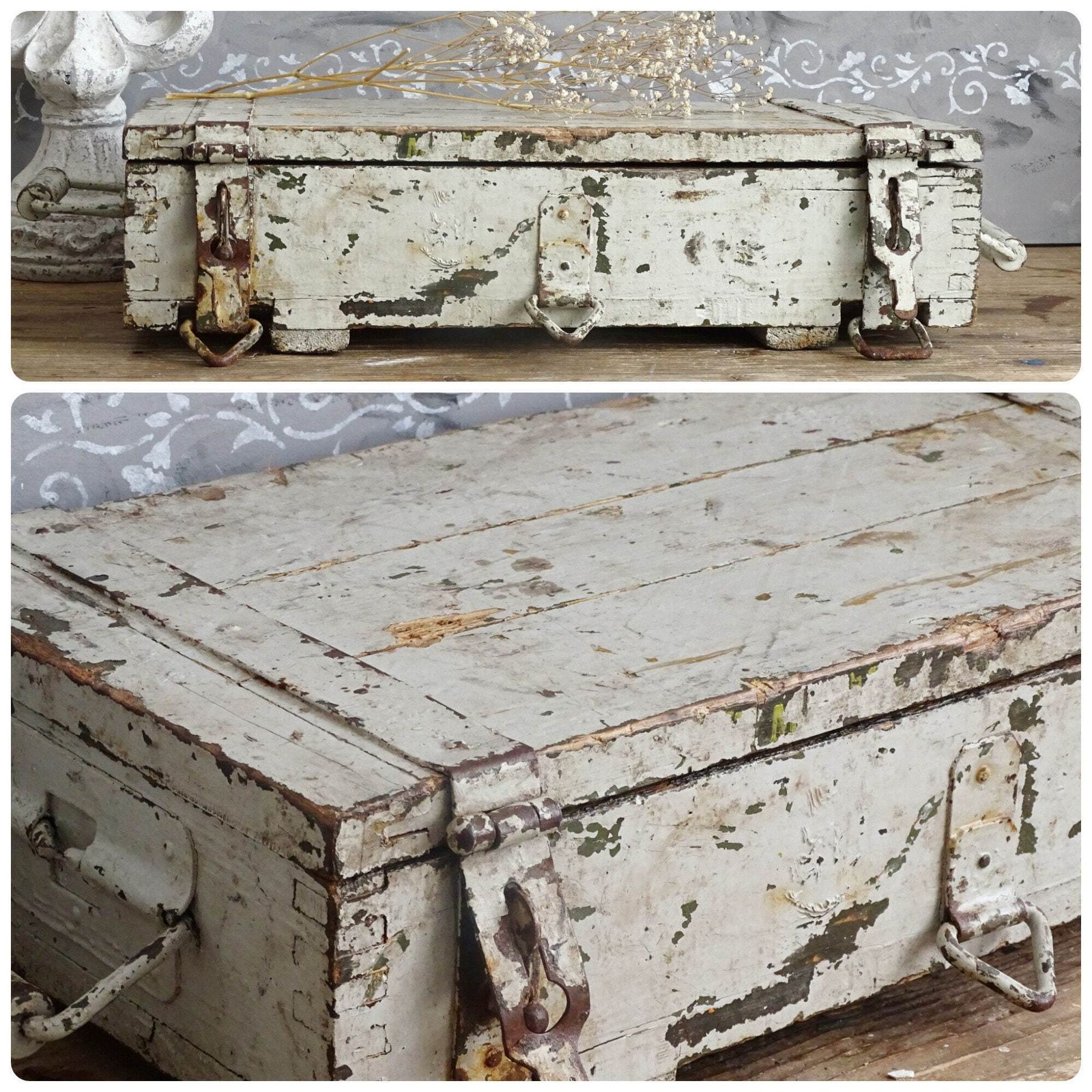 Antique Gray Wood Trunk Crate Box, Footlocker: Chippy Paint Steamer Trunk, Industrial Storage photo buy