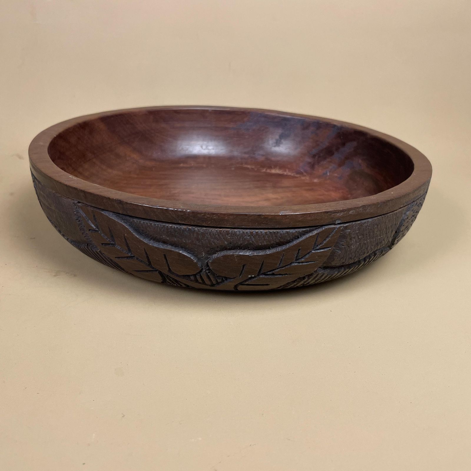 Vintage Hand Carved Wooden Bowl With Leaf Design Motif Rustic Farmhouse Cottage Tableware Decor Dark Finished Wood Low Profile Rim