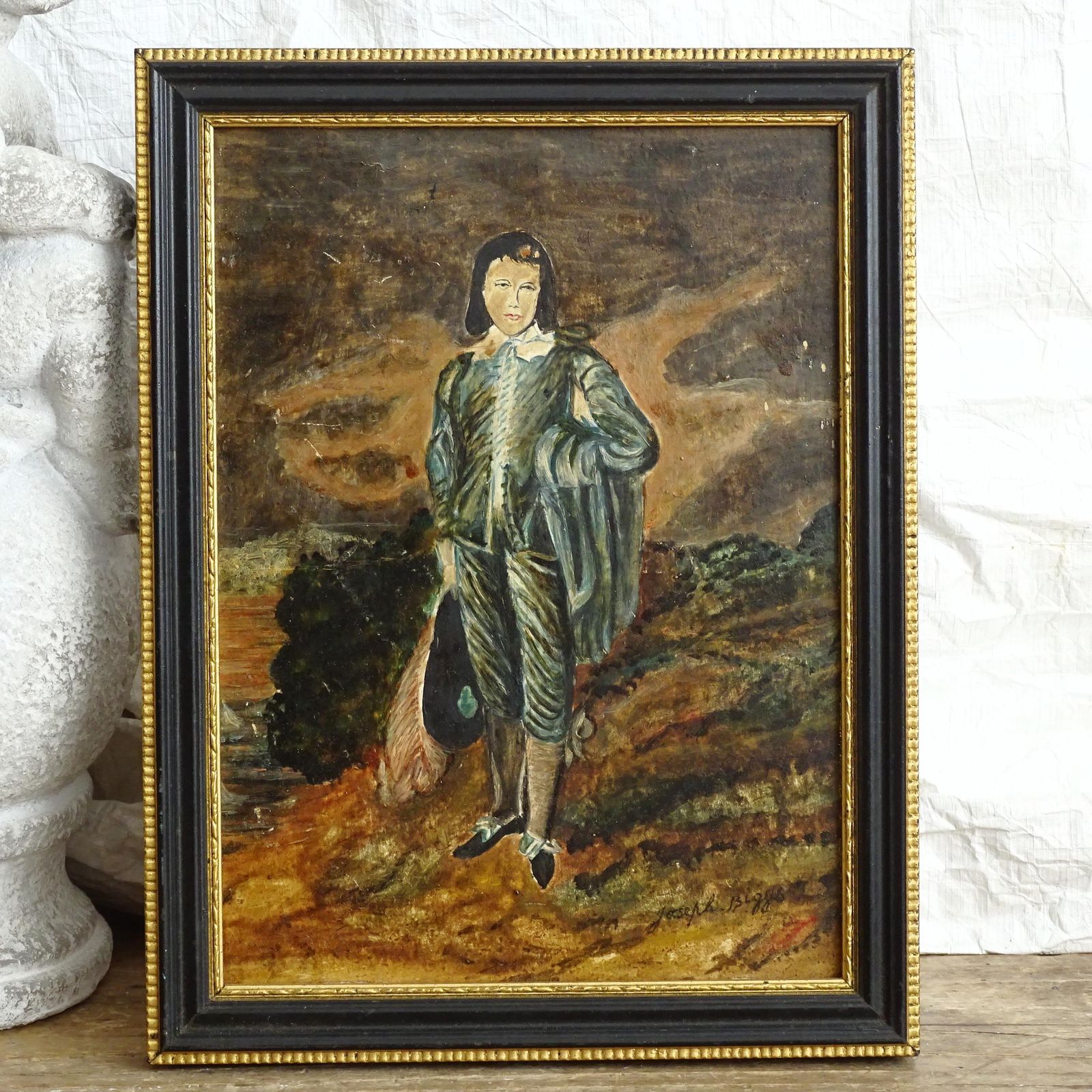 Set 3 Original Oil Paintings Joseph Biggs Portrait Triptych: Framed, 18th Century Fashion photo vinterior