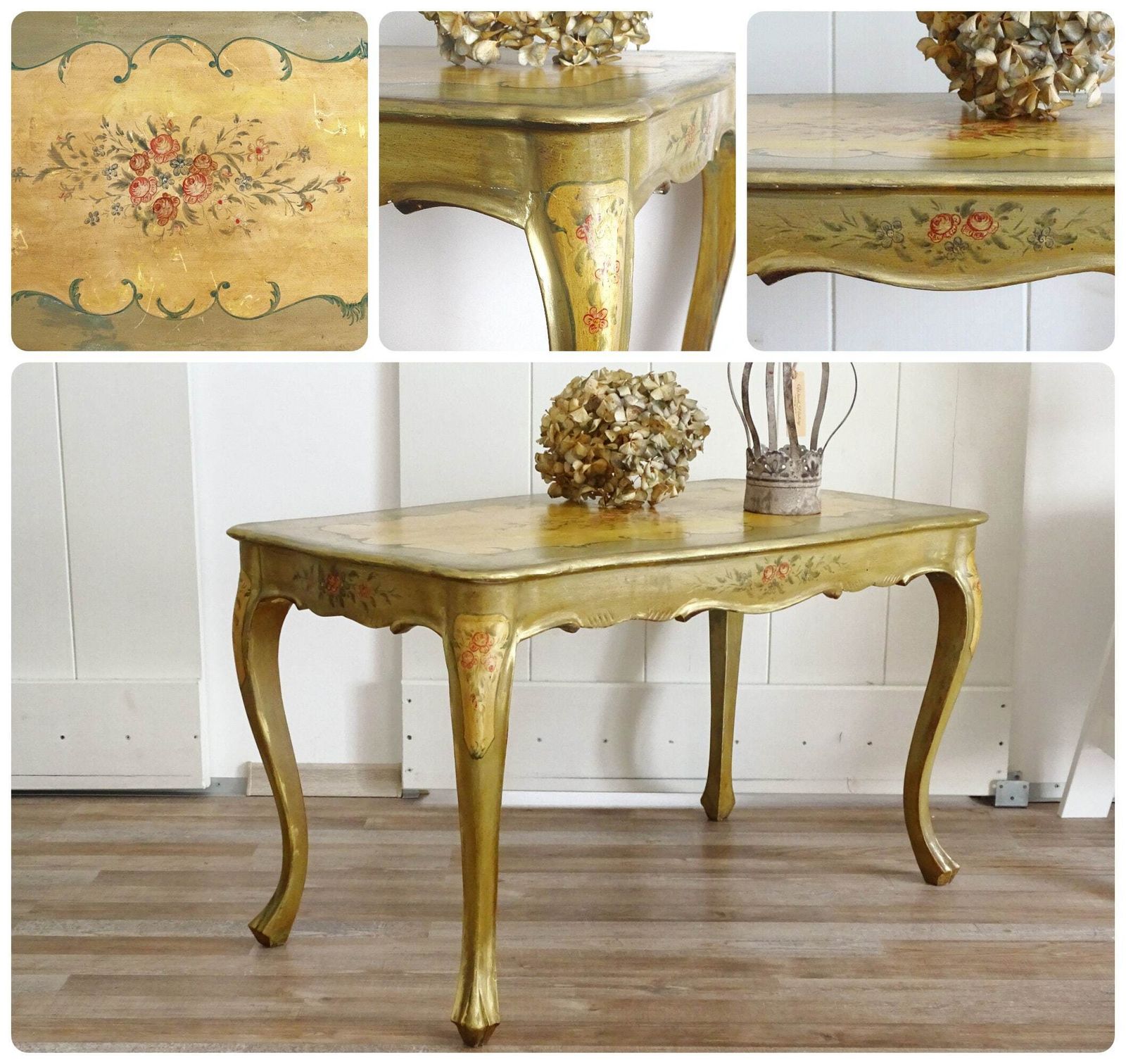 Olive Green Wood Coffee Table, Curved Legs, Hand Painted Floral Design, Shabby Chic