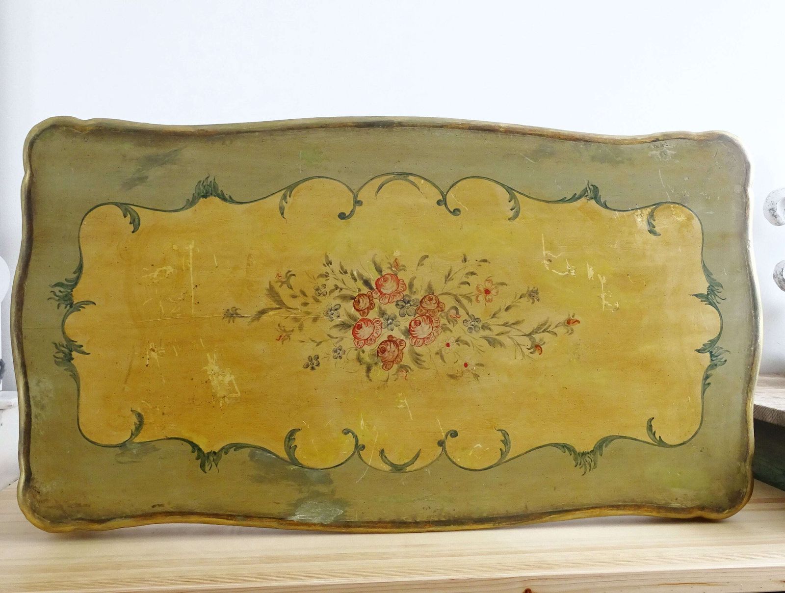 Olive Green Wood Coffee Table, Curved Legs, Hand Painted Floral Design, Shabby Chic photo for sale