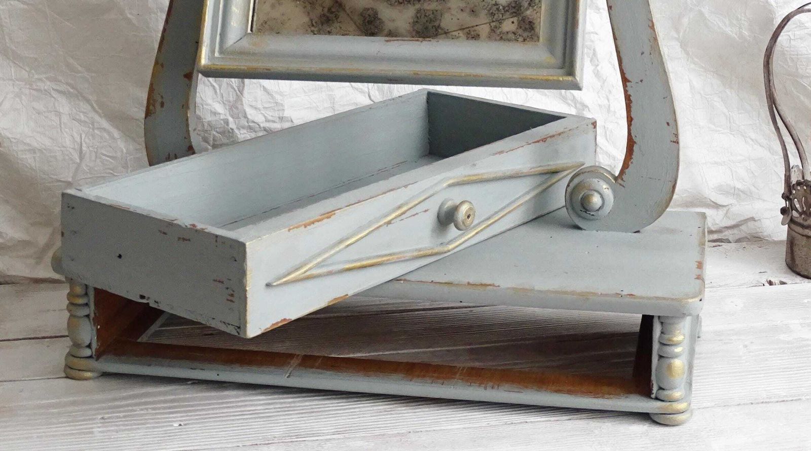 Antique French Vanity Mirror: Blue Shabby Chic Swivel Dresser Mirror photo Home Decor