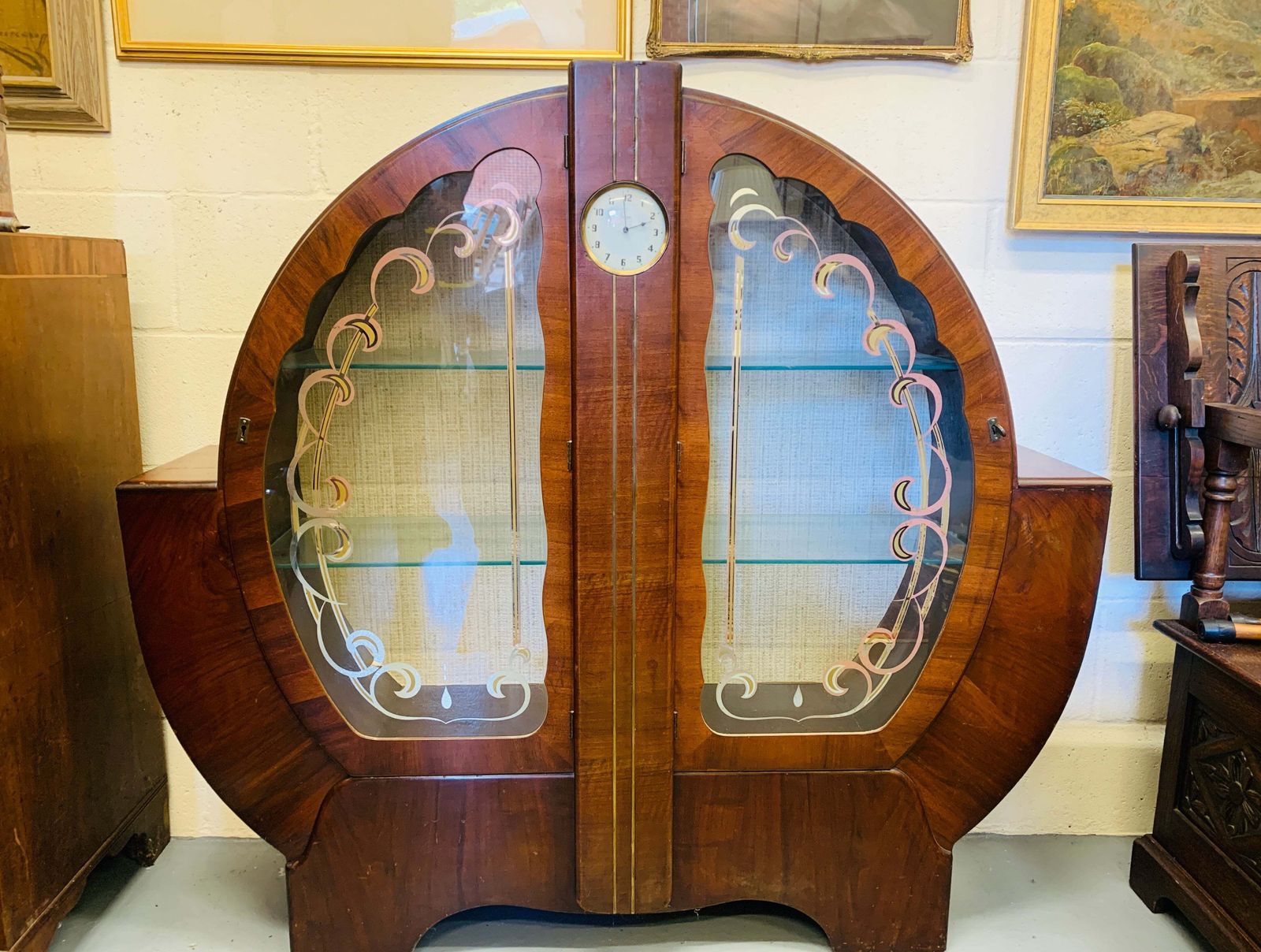 photo for sale 1930s Art Deco Cocktail Cabinet Curved Walnut Bar With Etched Glass