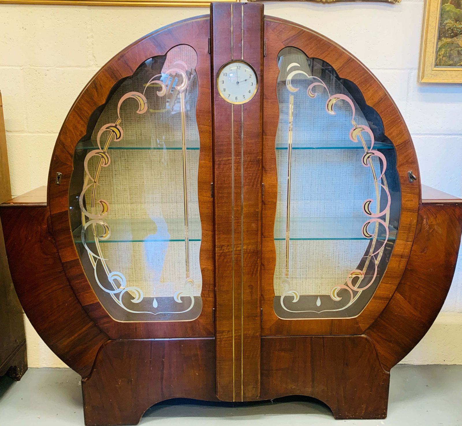 1930s Art Deco Cocktail Cabinet Curved Walnut Bar With Etched Glass photo Furniture