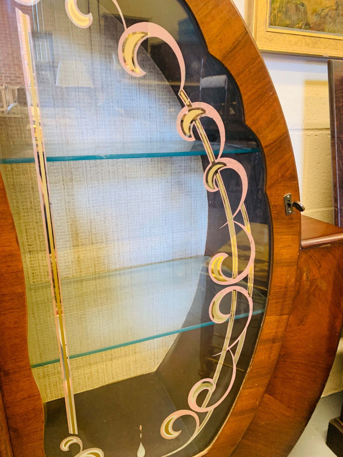 photo furniture 1930s Art Deco Cocktail Cabinet Curved Walnut Bar With Etched Glass