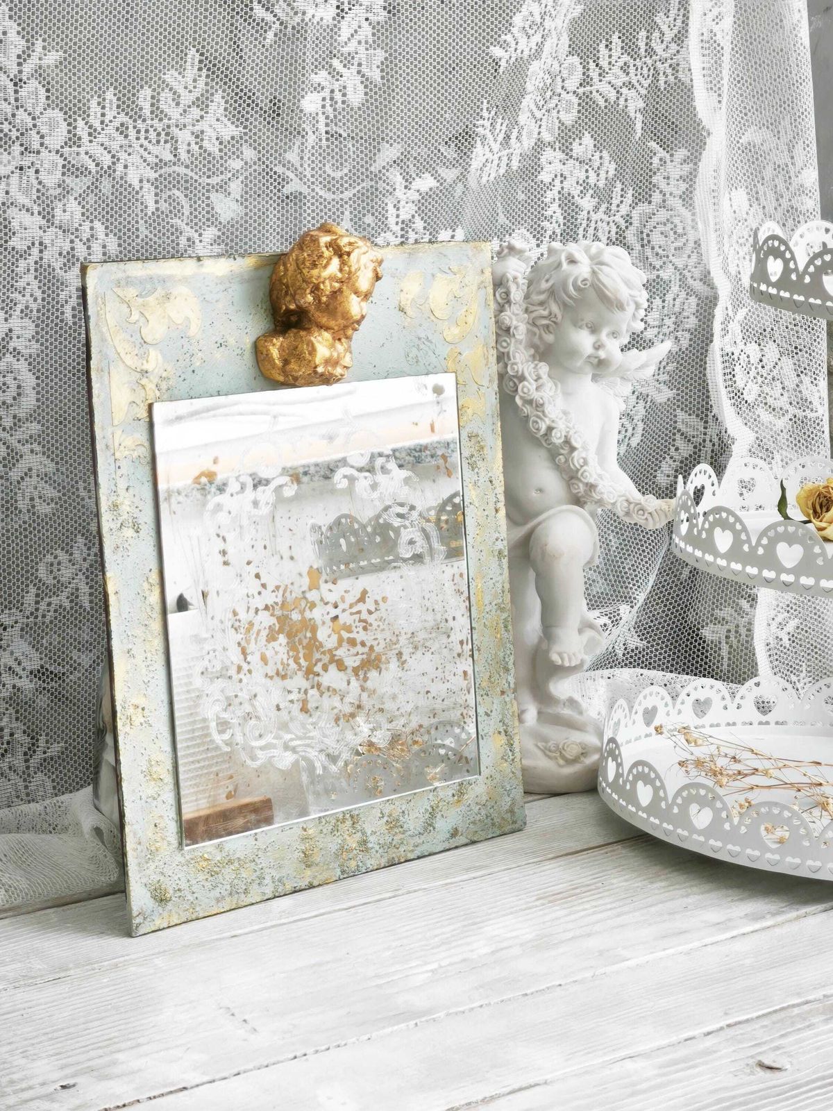 Aged French Trumeau Mirror: Cherub, Blue Gold, Shabby Chic photo Home Decor