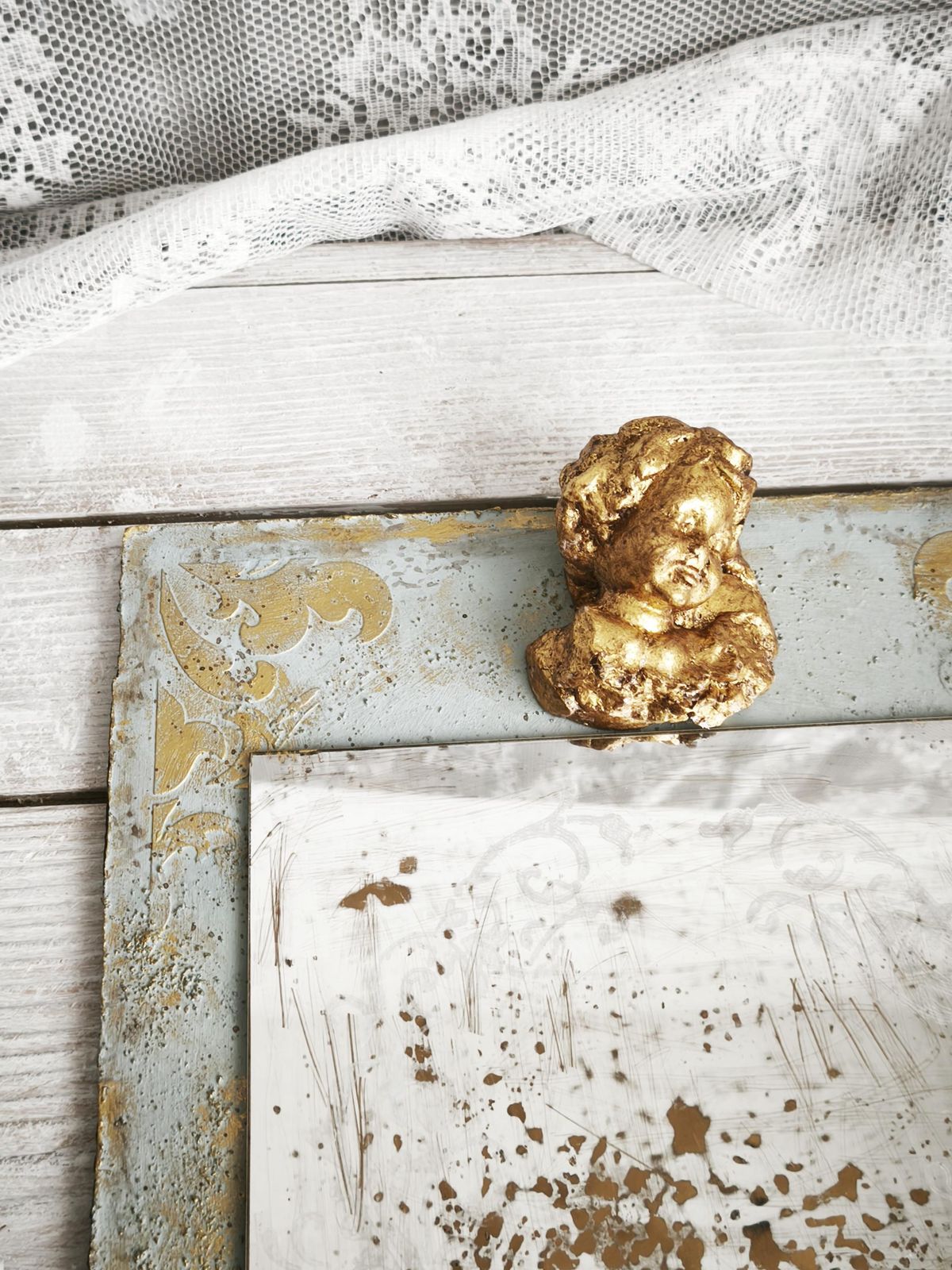 Aged French Trumeau Mirror: Cherub, Blue Gold, Shabby Chic photo vintage