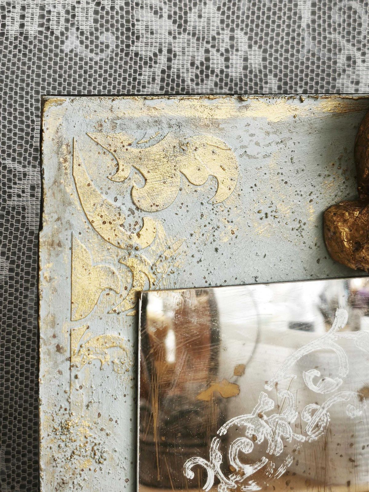 photo furniture Aged French Trumeau Mirror: Cherub, Blue Gold, Shabby Chic