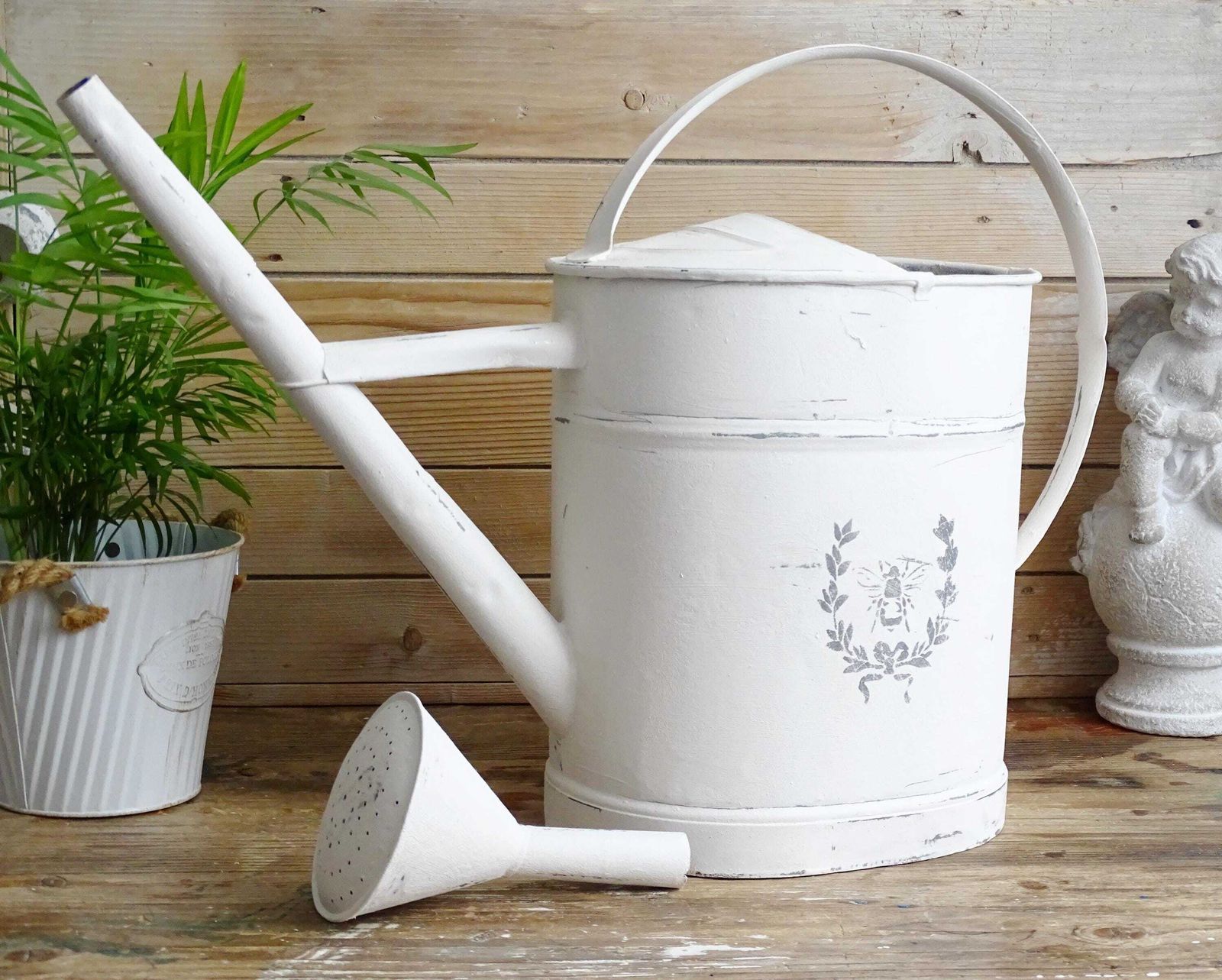 White Galvanized Watering Can: Large Rustic Farmhouse Garden Decor