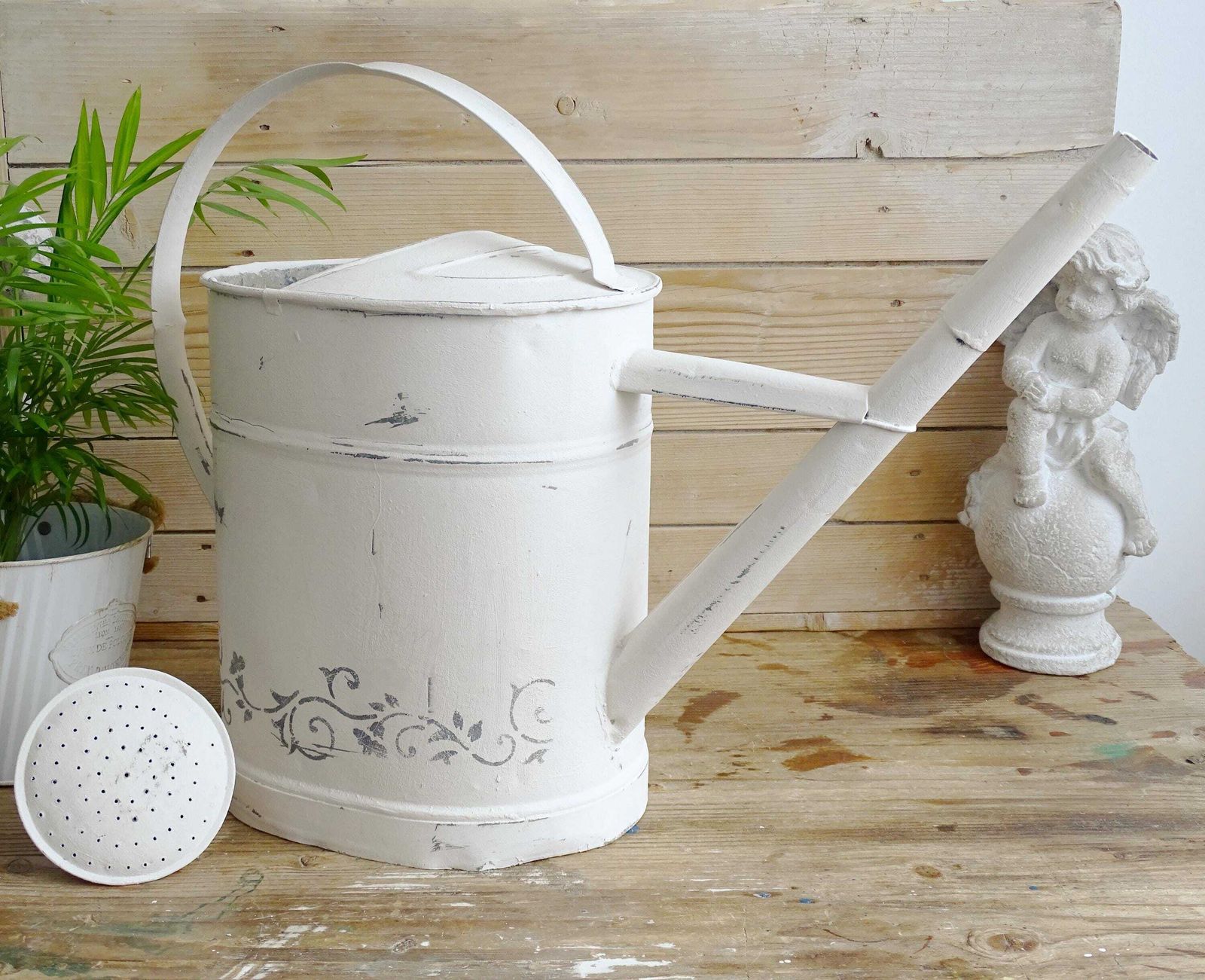 White Galvanized Watering Can: Large Rustic Farmhouse Garden Decor photo vintage