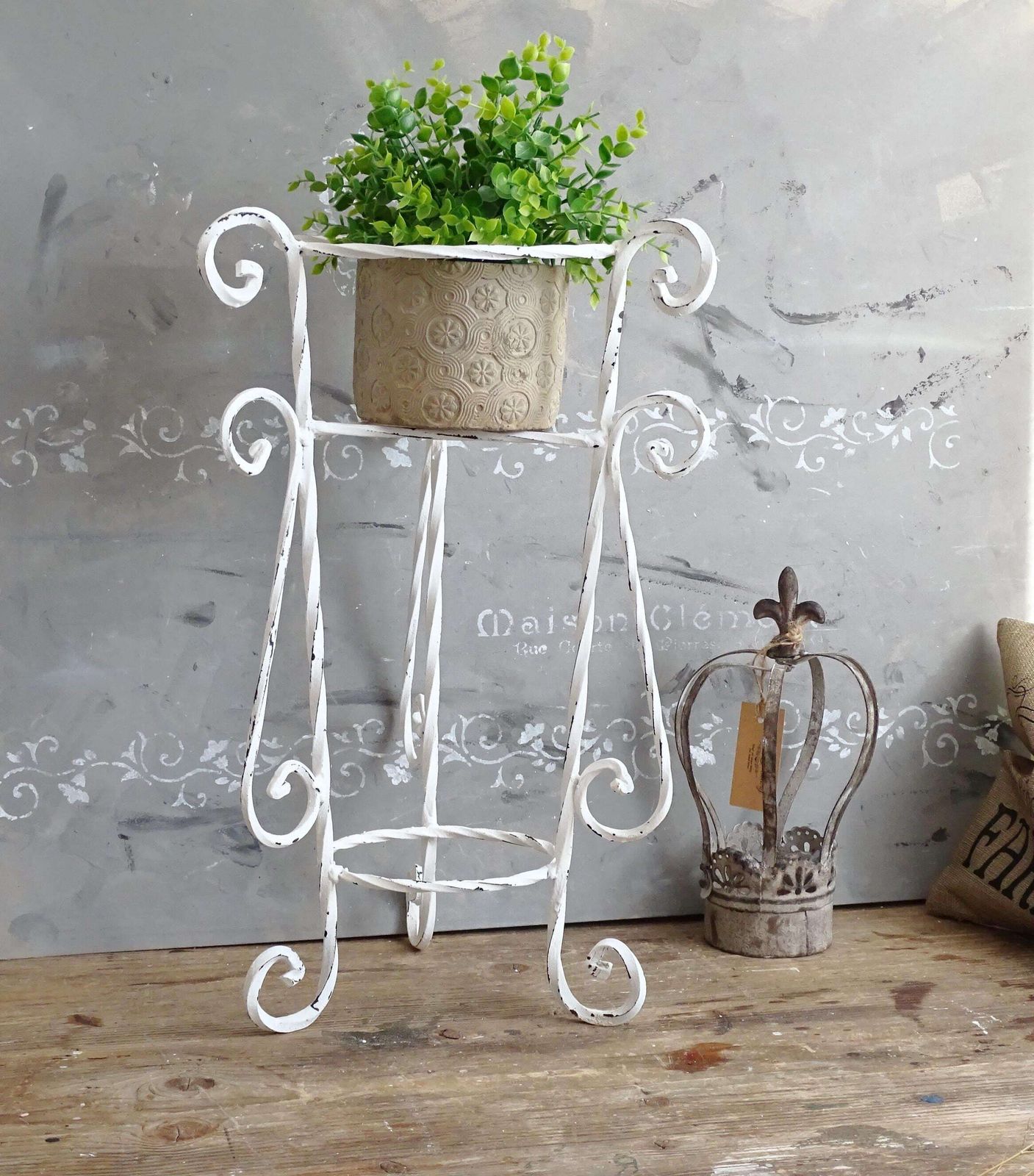 Hand Wrought Iron Plant Stand: Shabby Chic Metal Basket Planter