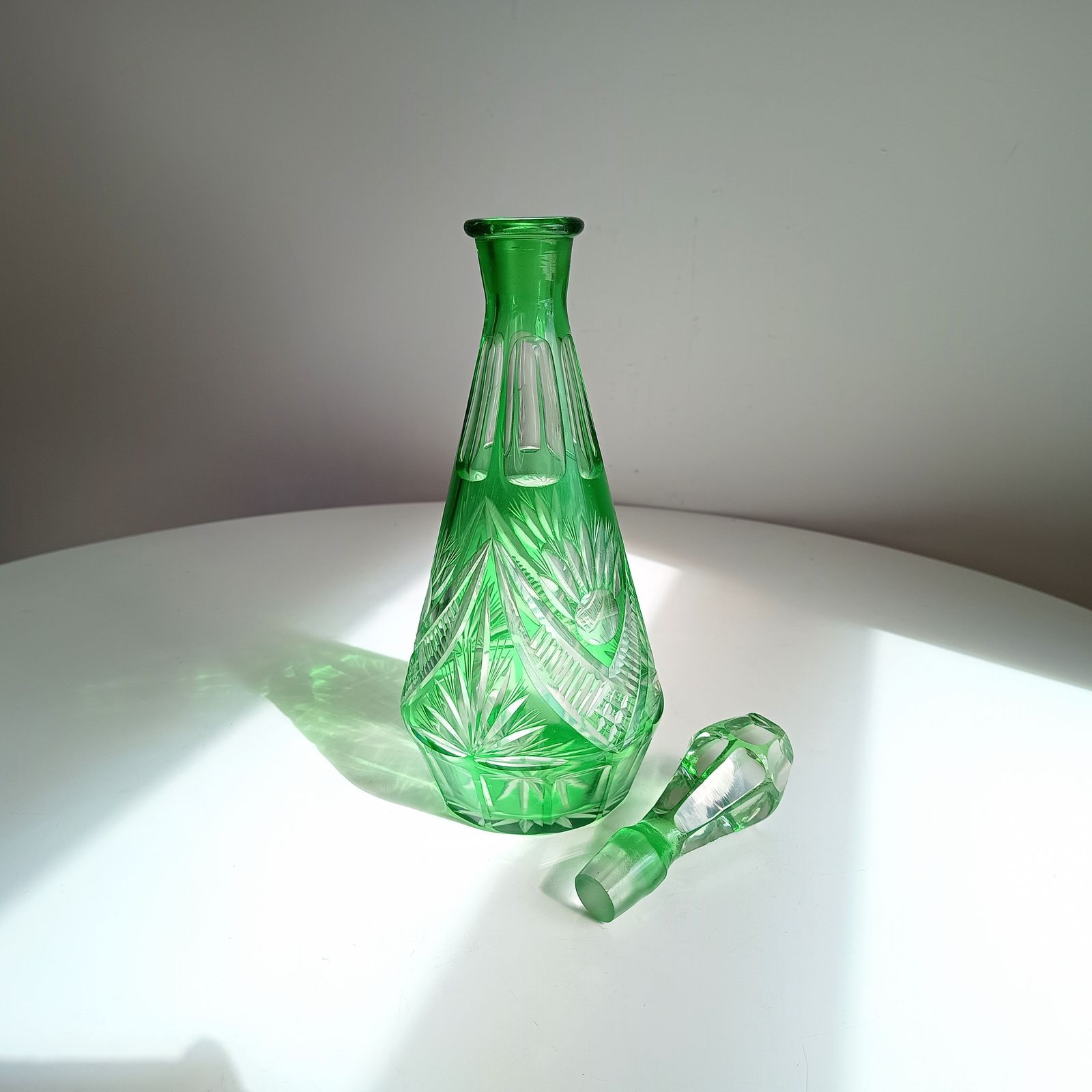 Vintage Bohemia Cut Glass Liqueur Carafe With Stopper Emerald Green Cut To Clear photo 155.0