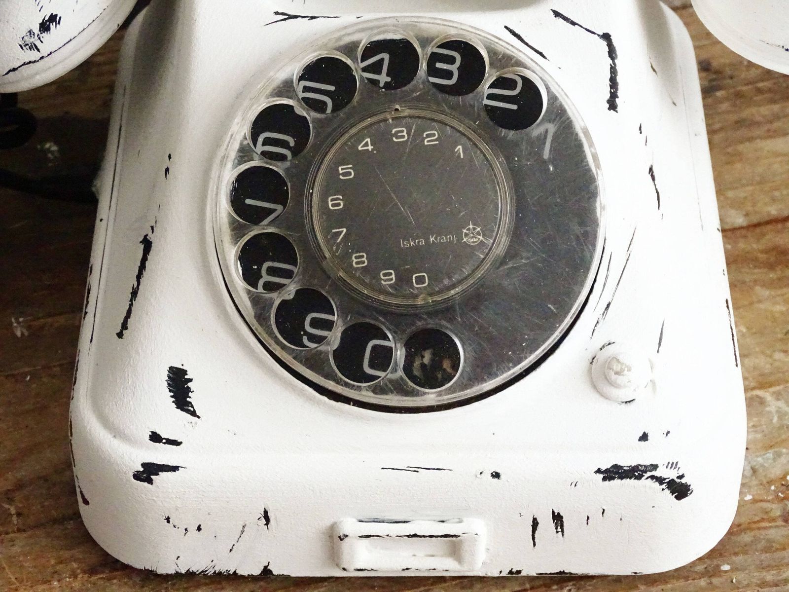 White Bakelite Rotary Telephone: Distressed Mcm Office Decor photo furniture