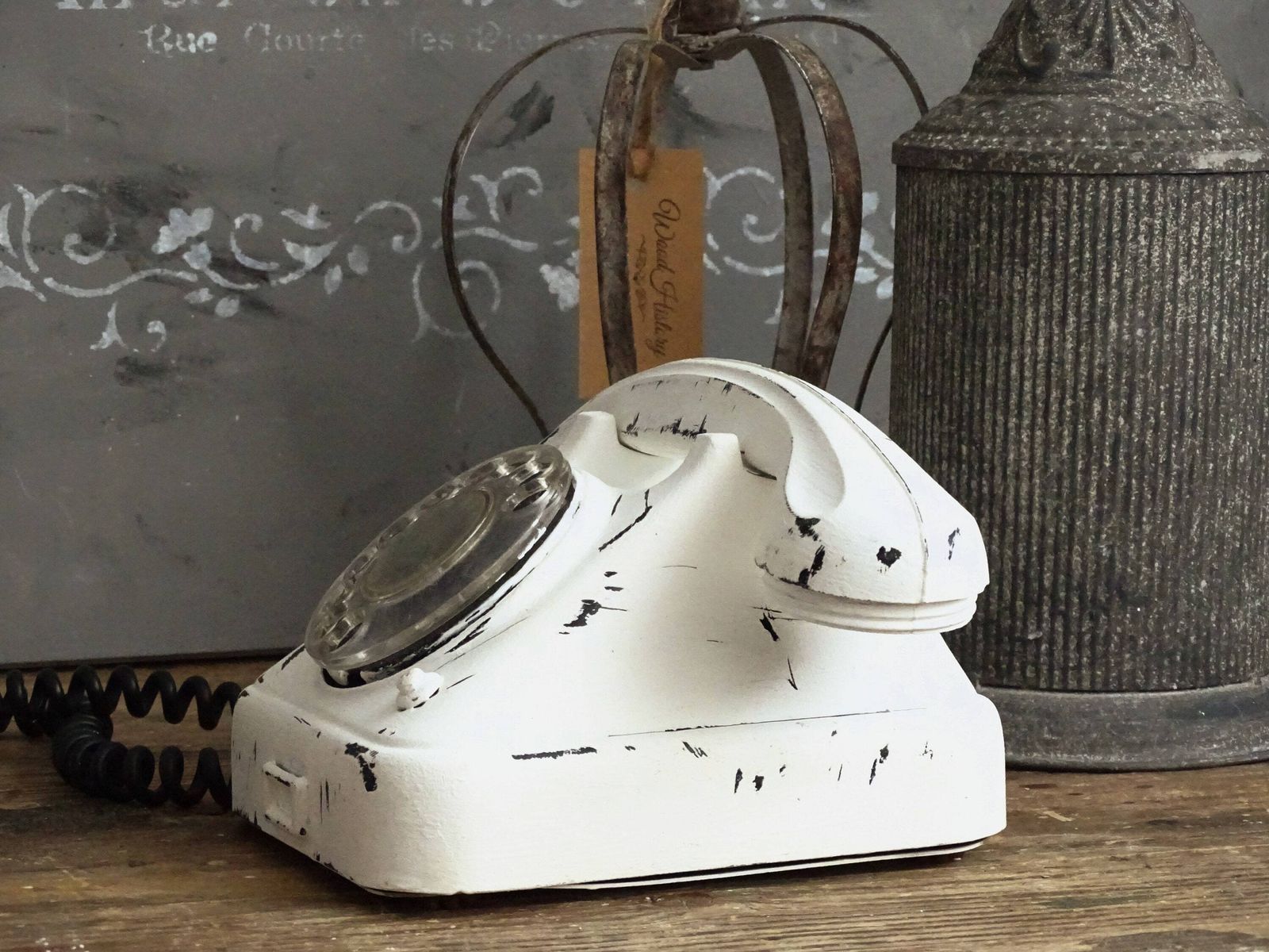 White Bakelite Rotary Telephone: Distressed Mcm Office Decor photo Home Decor