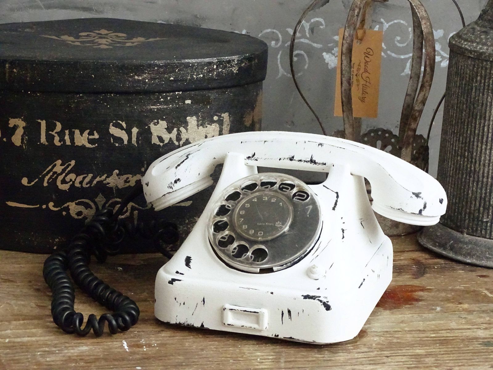 White Bakelite Rotary Telephone: Distressed Mcm Office Decor photo 55.0