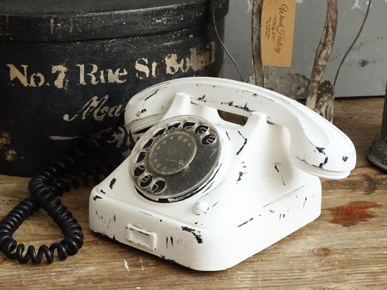 White Bakelite Rotary Telephone: Distressed Mcm Office Decor photo vintage