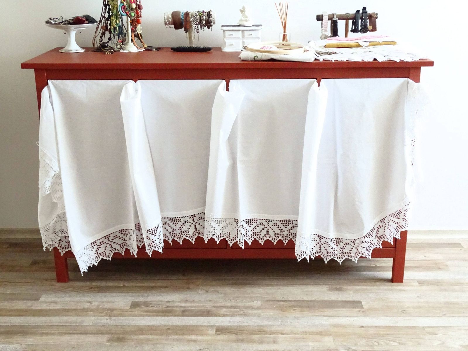 Antique Lace Cafe Curtain: Hand Crochet Trim, French Style Valance photo for sale